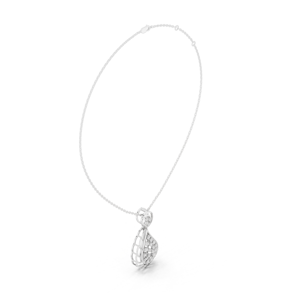 Silver chain necklace with teardrop swirl pendant featuring pavé diamond accents