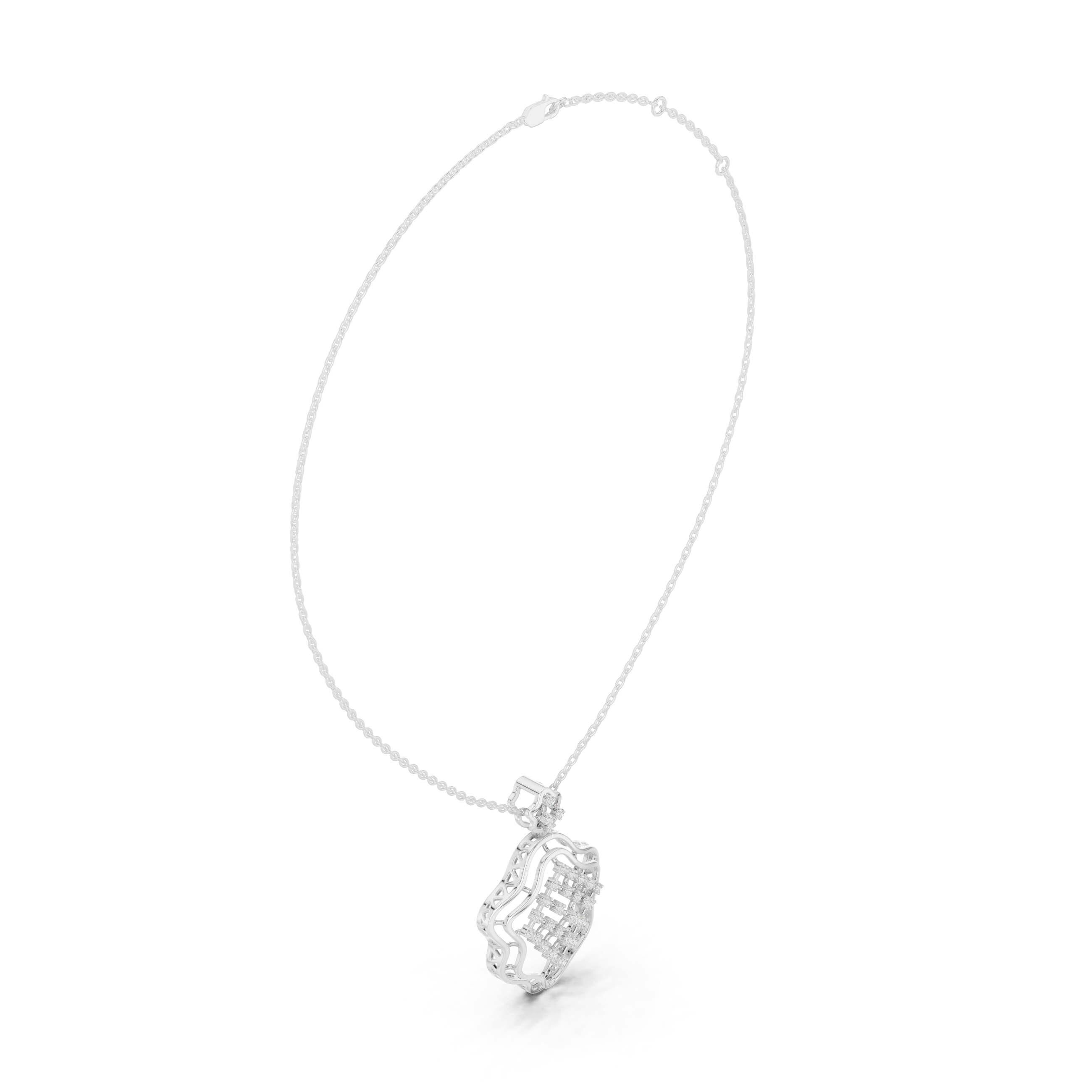 Silver chain necklace with ornate geometric lattice diamond pendant in scalloped frame