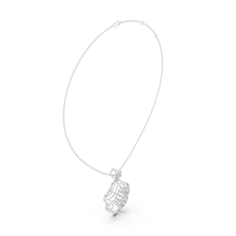 Silver chain necklace with ornate geometric lattice diamond pendant in scalloped frame