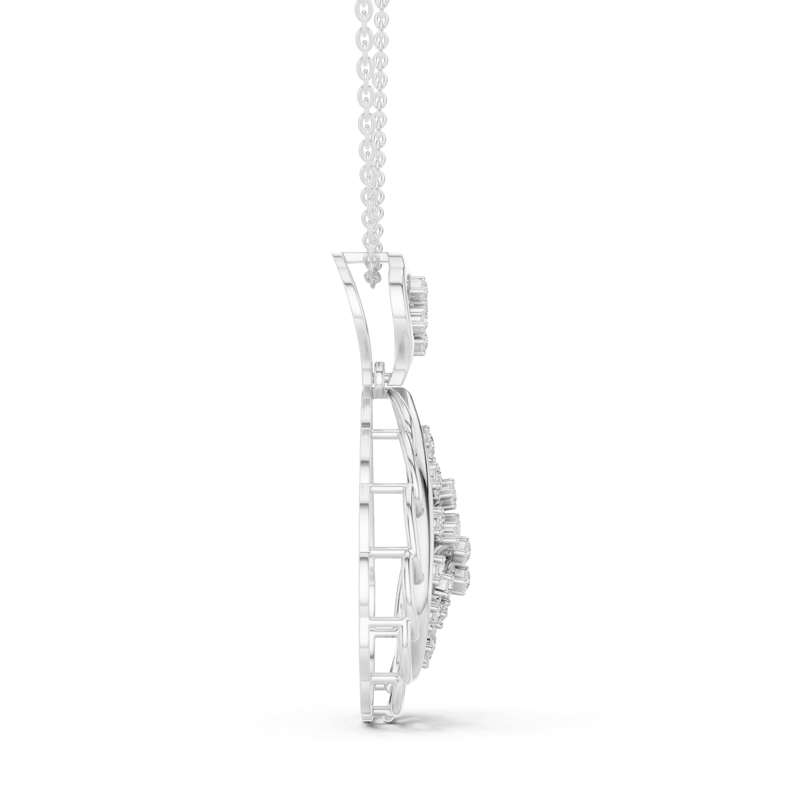Silver chain necklace with teardrop swirl pendant featuring pavé diamond accents