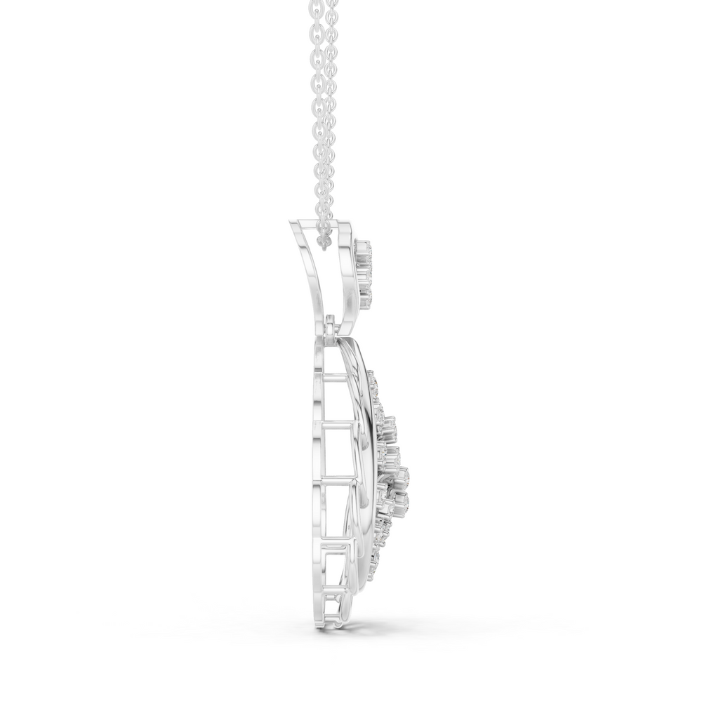 Silver chain necklace with teardrop swirl pendant featuring pavé diamond accents