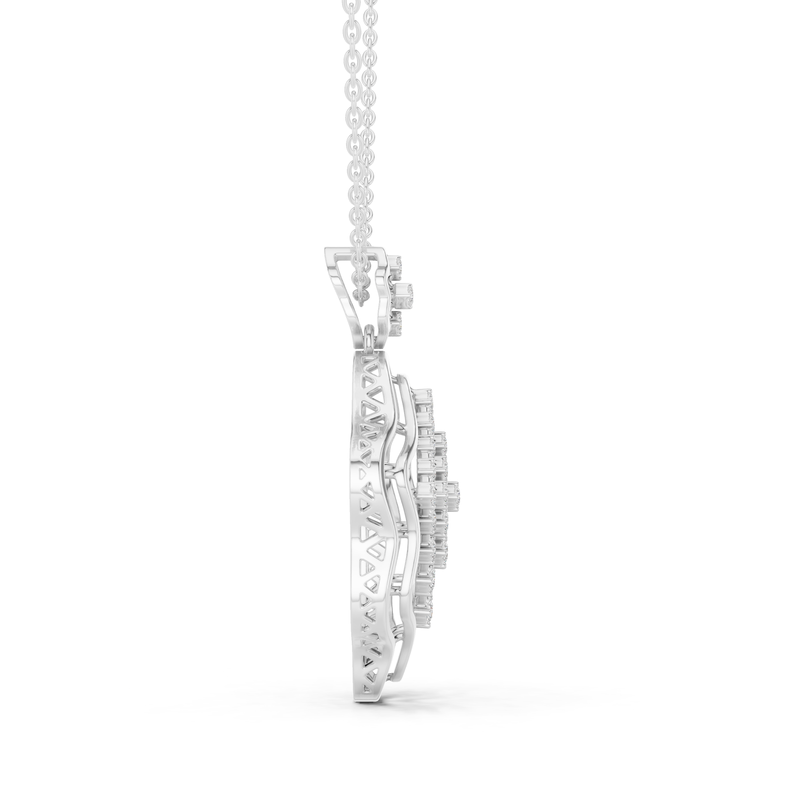 Silver chain necklace with ornate geometric lattice diamond pendant in scalloped frame