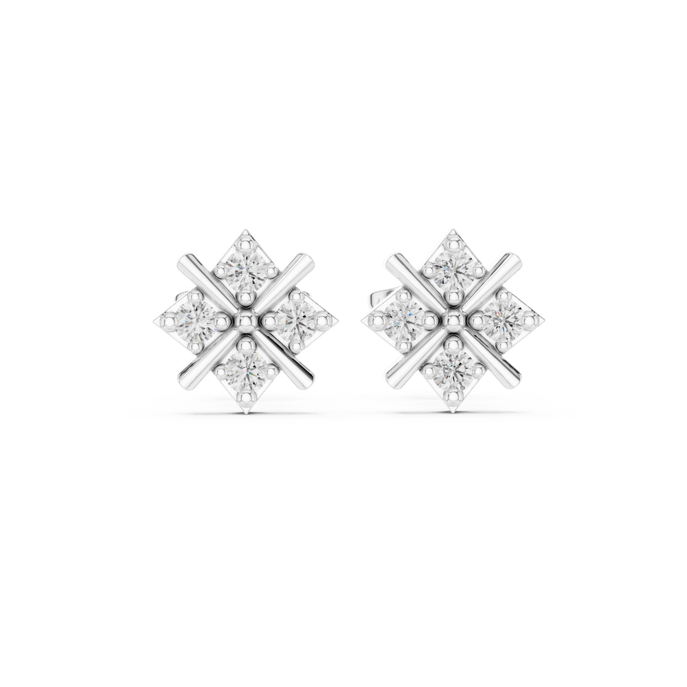 X cross four stone stud earrings with round stones on a geometric cross bar frame