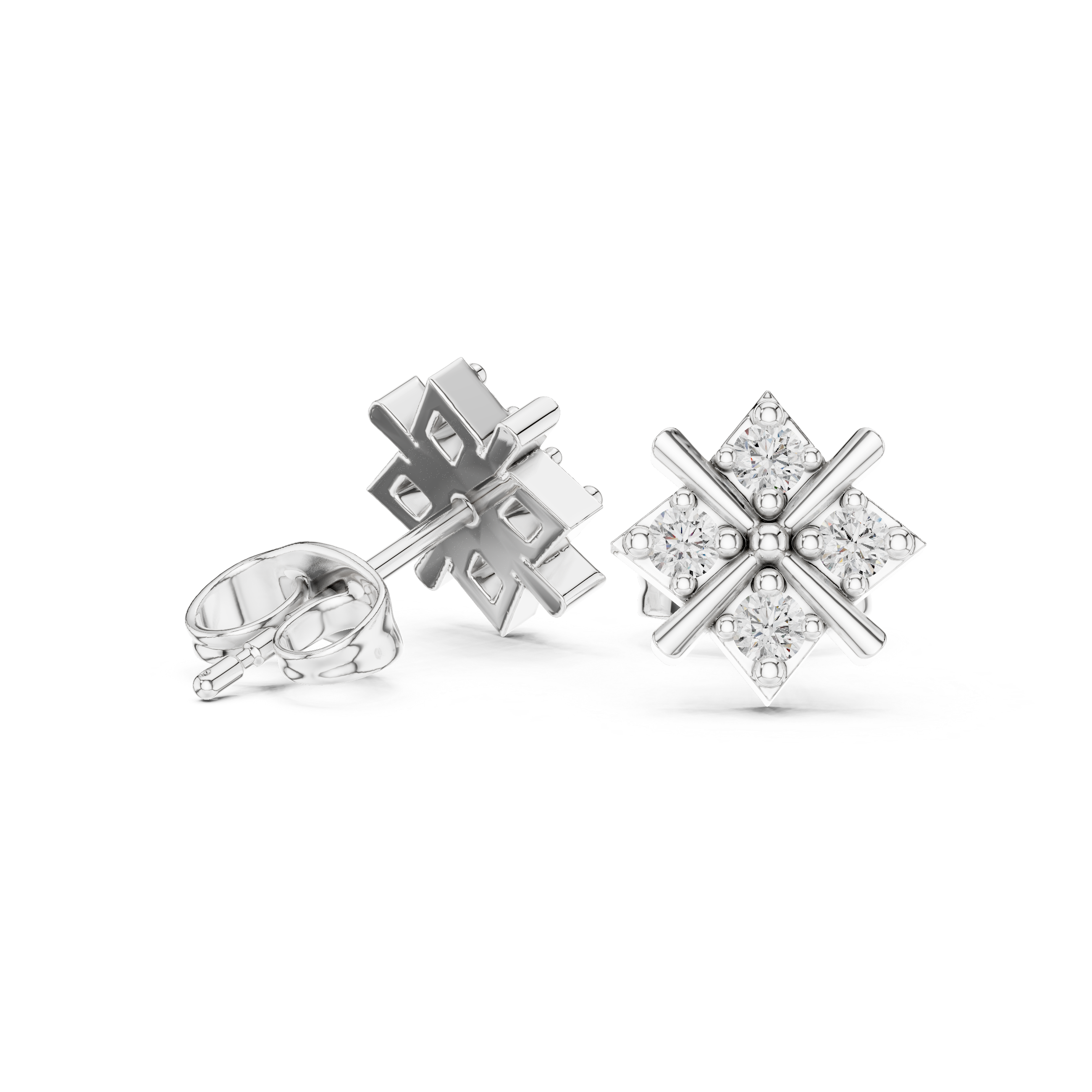 X cross four stone stud earrings with round stones on a geometric cross bar frame