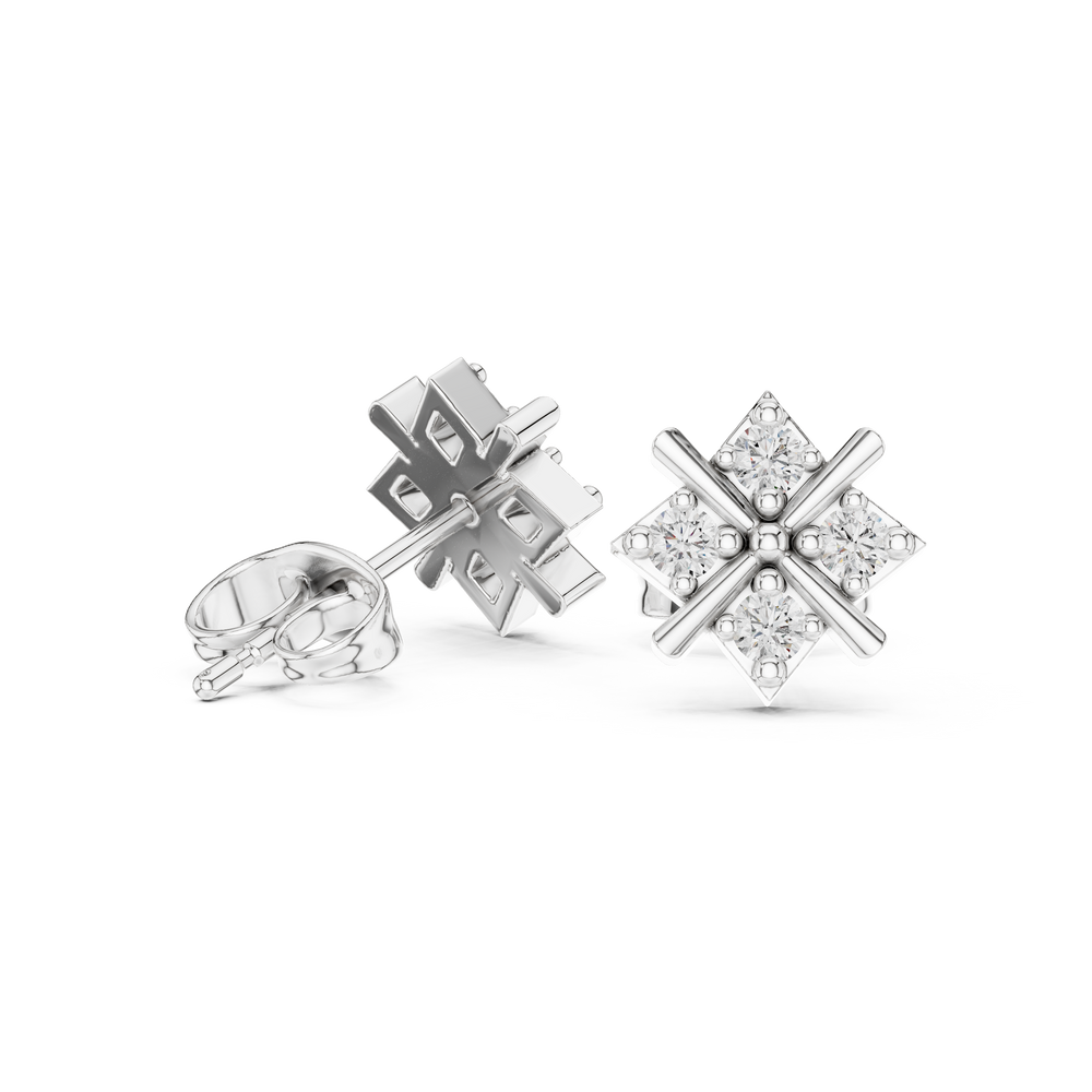 X cross four stone stud earrings with round stones on a geometric cross bar frame
