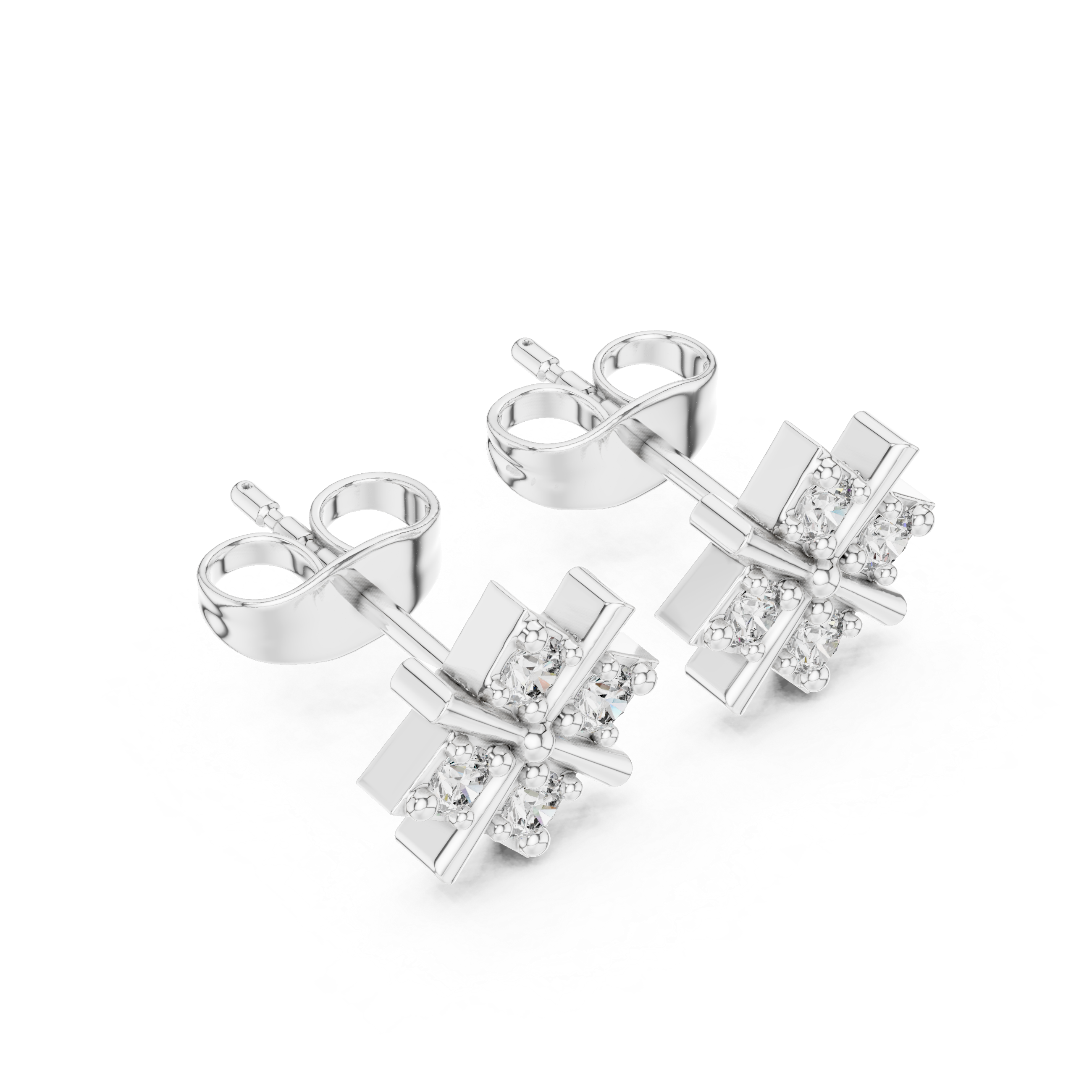 X cross four stone stud earrings with round stones on a geometric cross bar frame