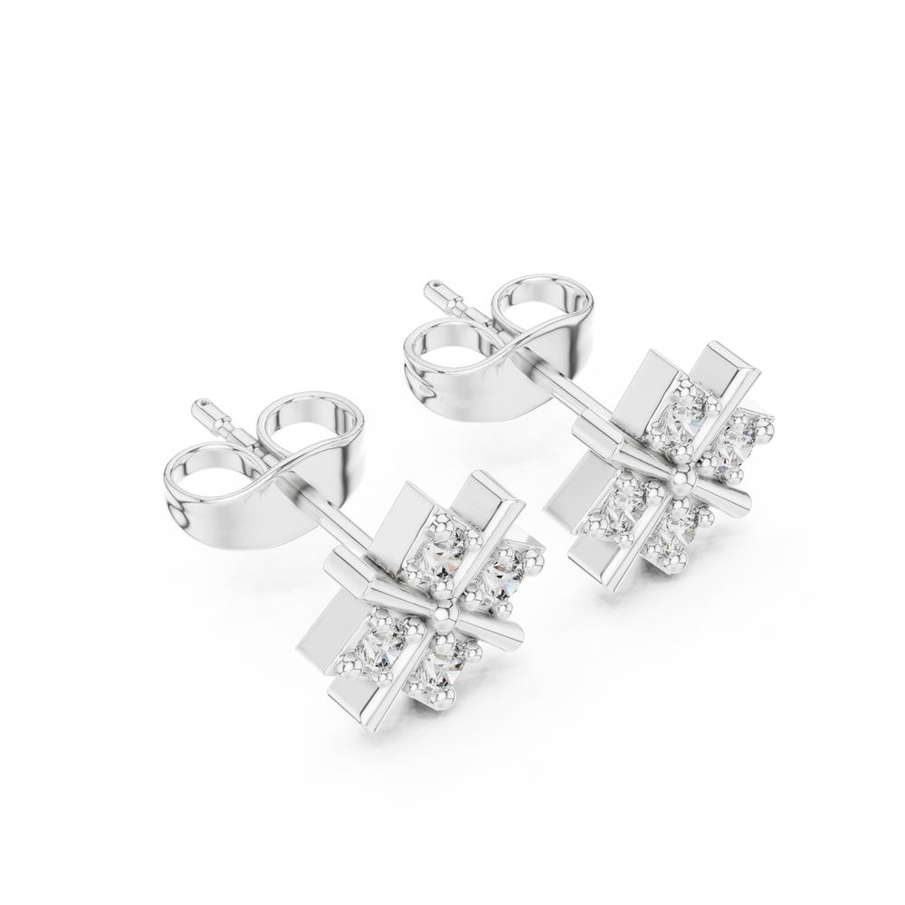 X cross four stone stud earrings with round stones on a geometric cross bar frame