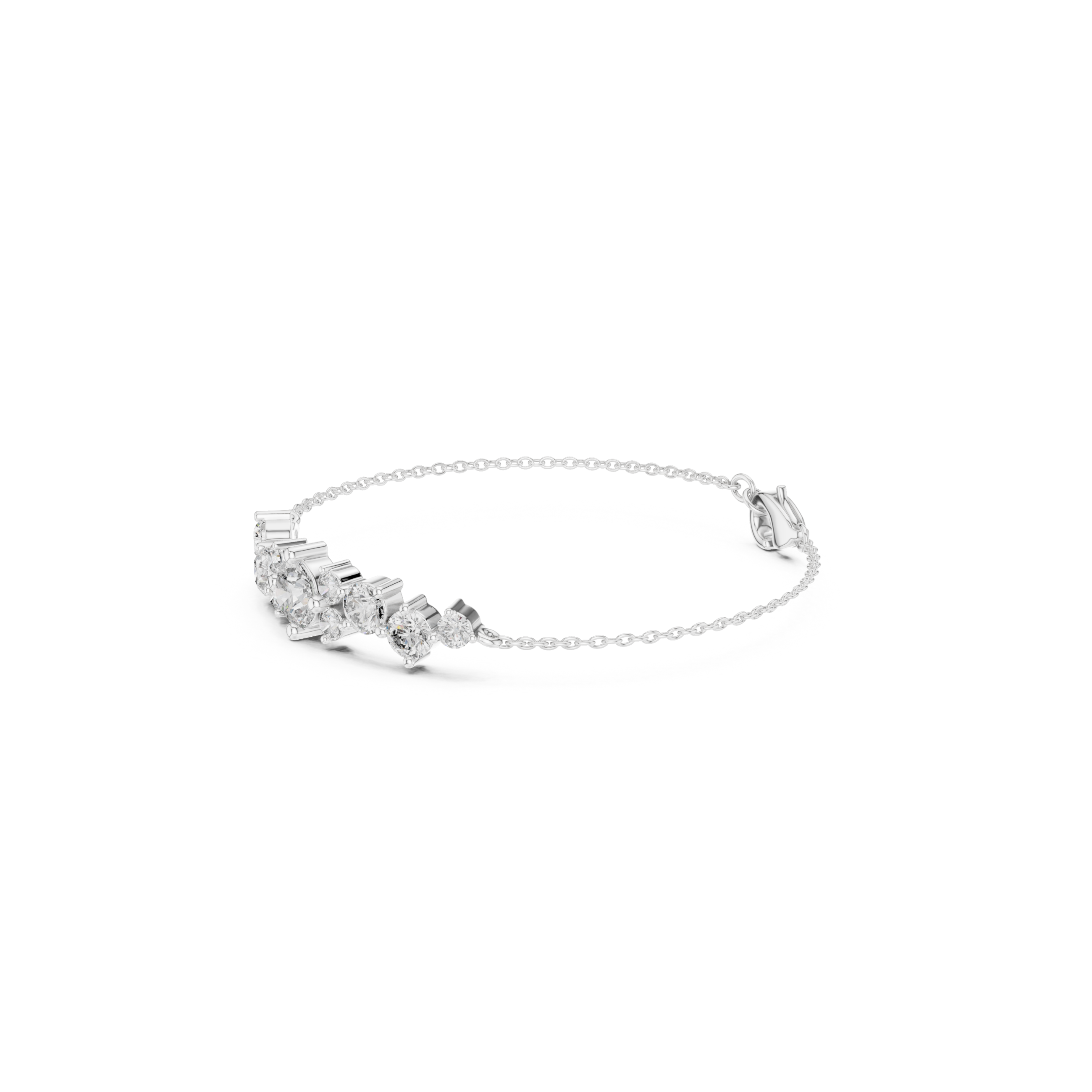 Graduating cluster chain bracelet with baguette and round stone centre detailing