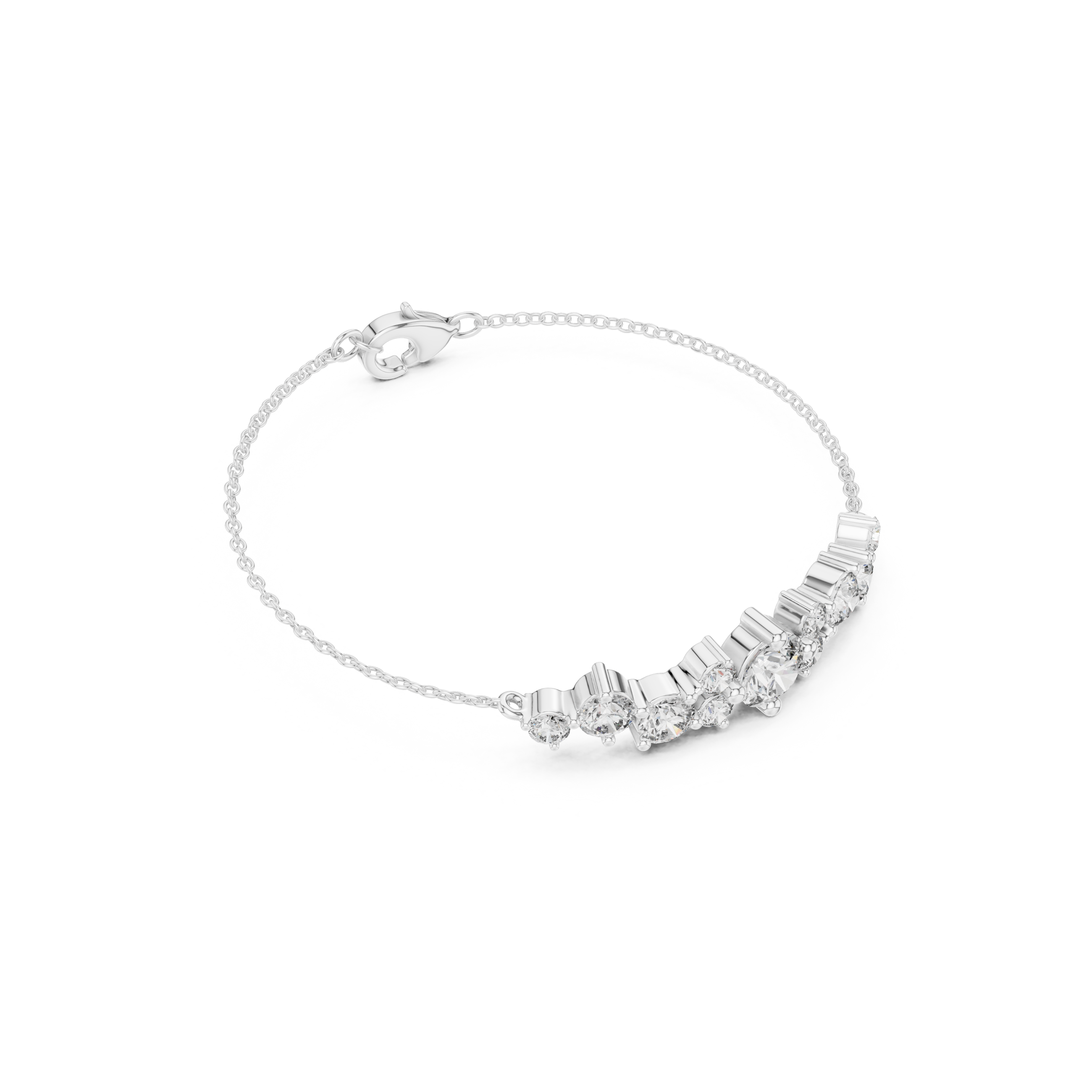 Graduating cluster chain bracelet with baguette and round stone centre detailing