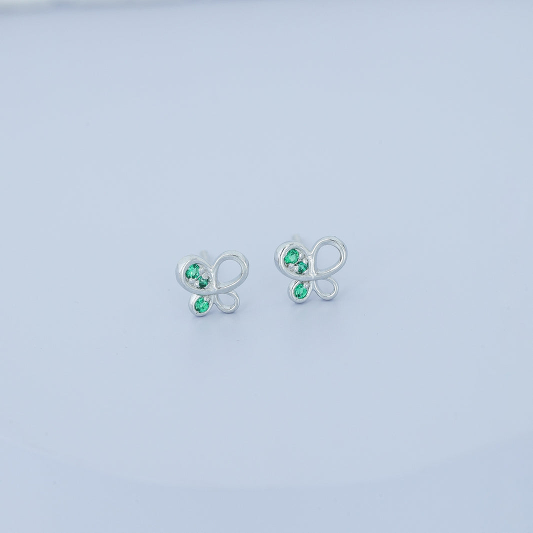 Green butterfly stud earrings with open loop wings and round green stone accents