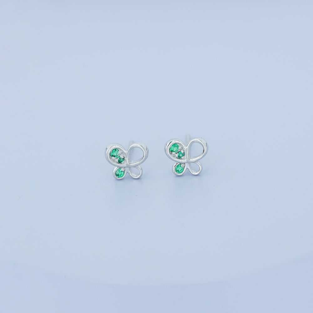 Green butterfly stud earrings with open loop wings and round green stone accents