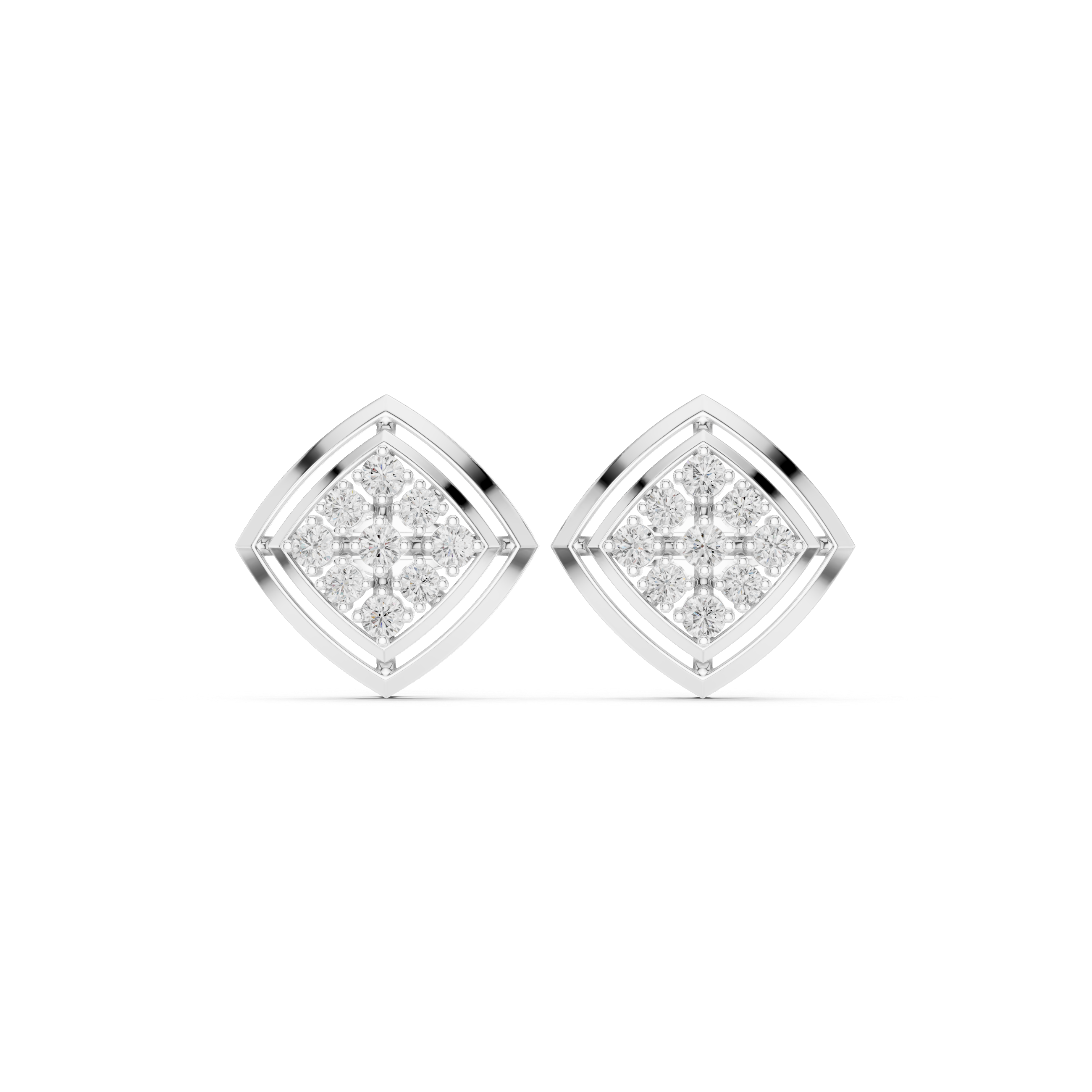 Grid pattern baguette cluster stud earrings with open bar detailing