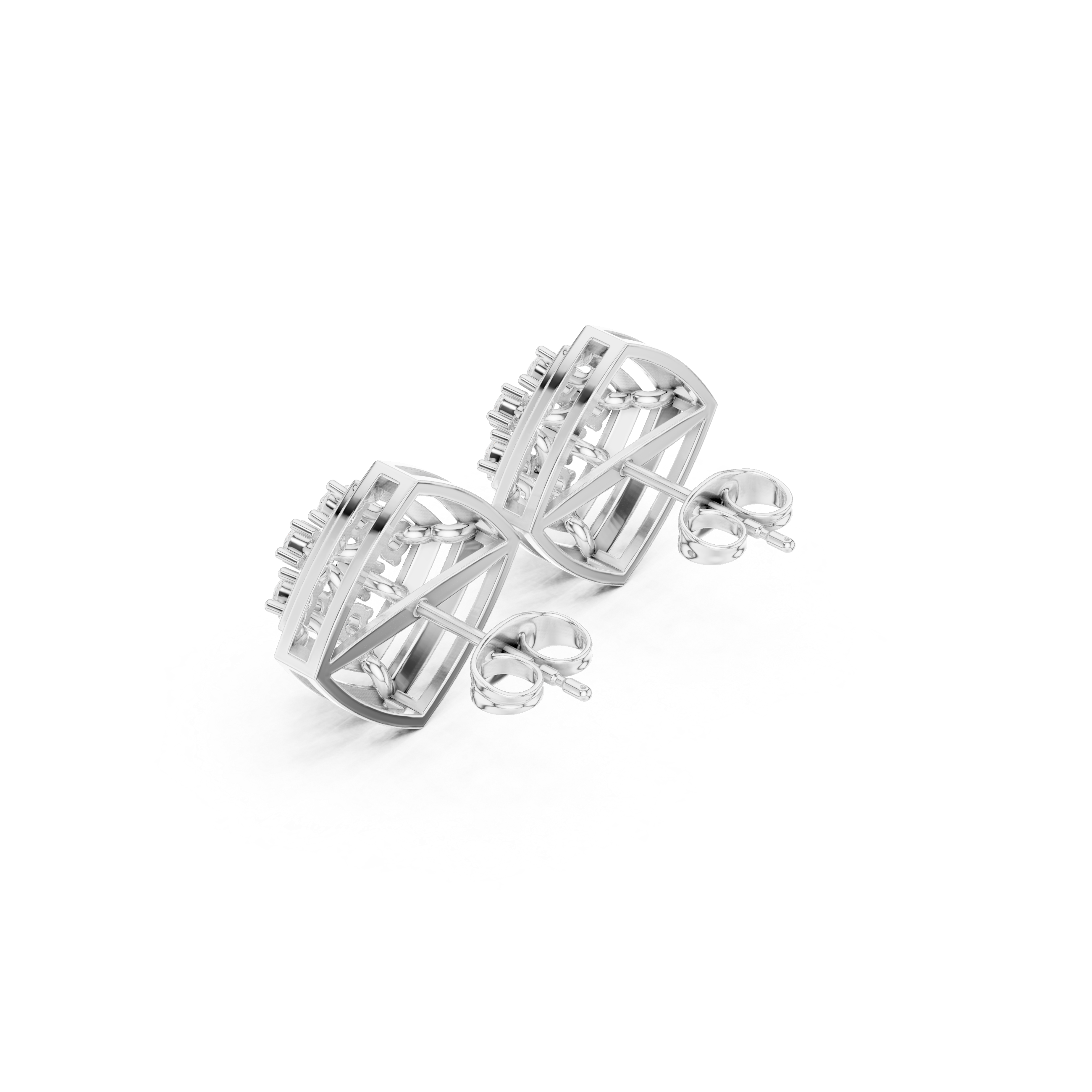 Grid pattern baguette cluster stud earrings with open bar detailing