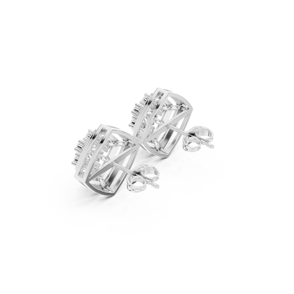 Grid pattern baguette cluster stud earrings with open bar detailing