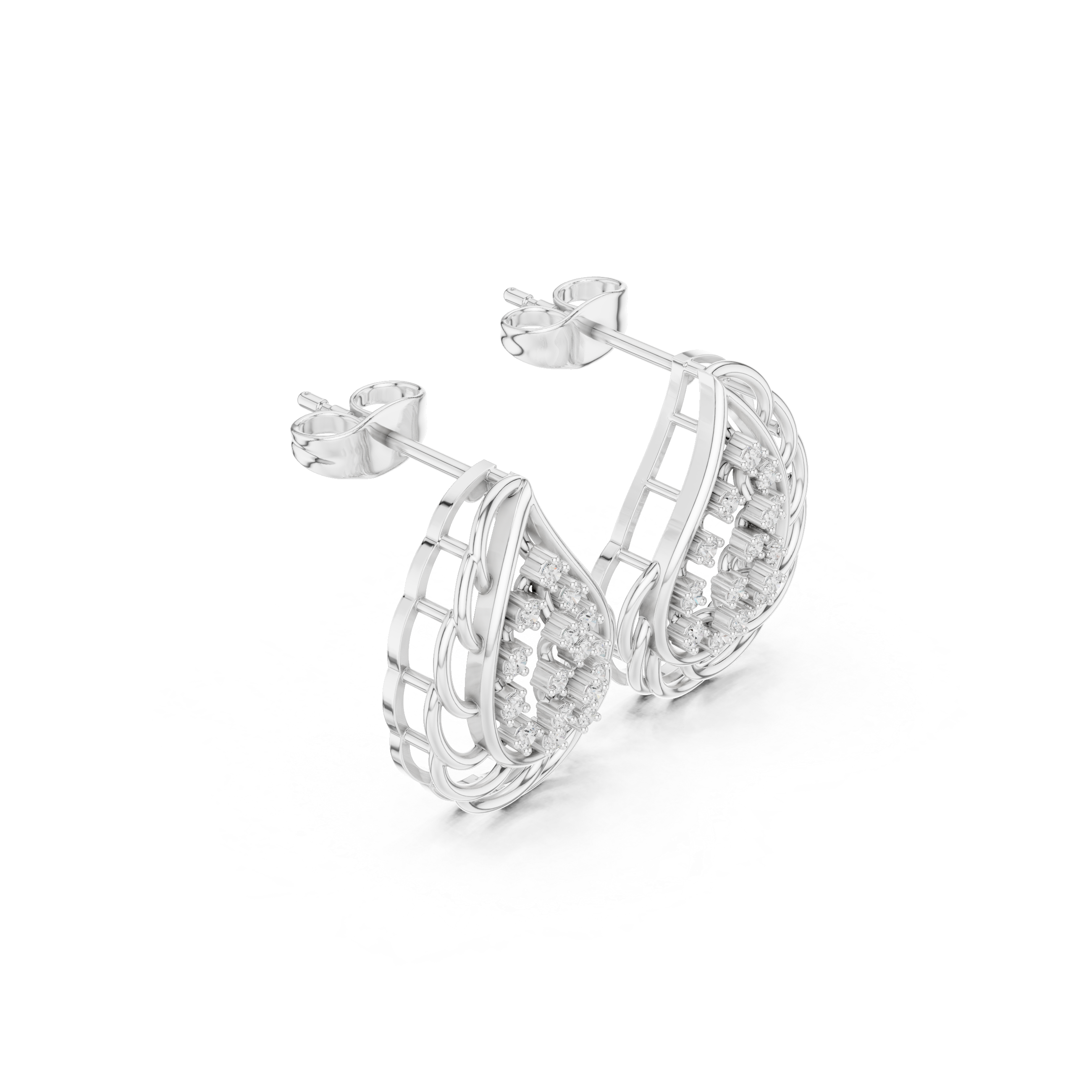 Grid pattern baguette hoop earrings with open bar and cluster detailing