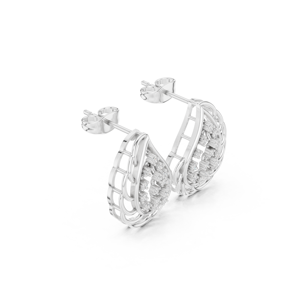 Grid pattern baguette hoop earrings with open bar and cluster detailing