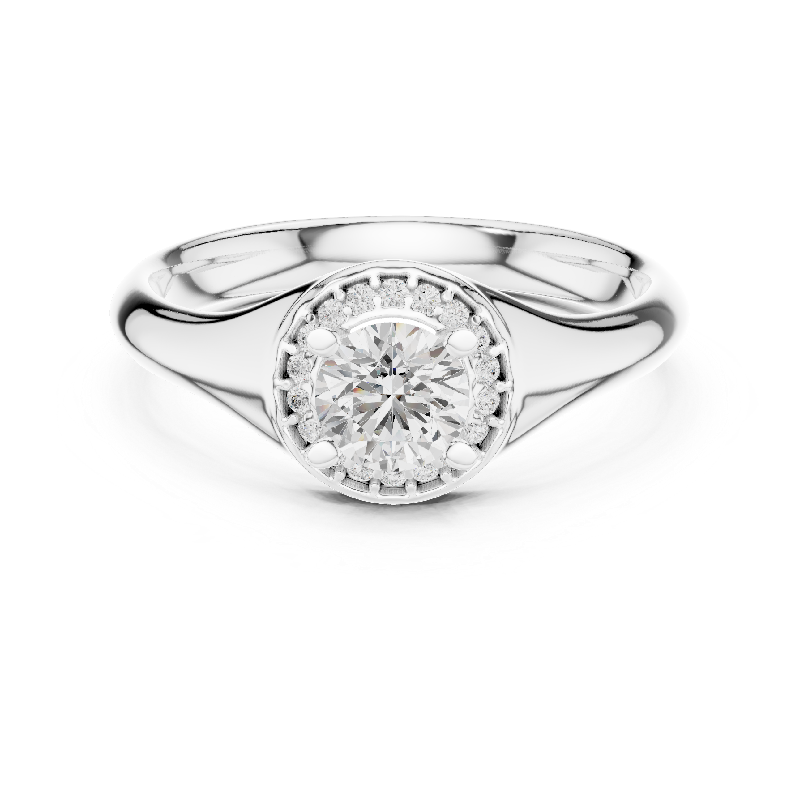 Halo solitaire engagement ring with pave set surround and plain polished band