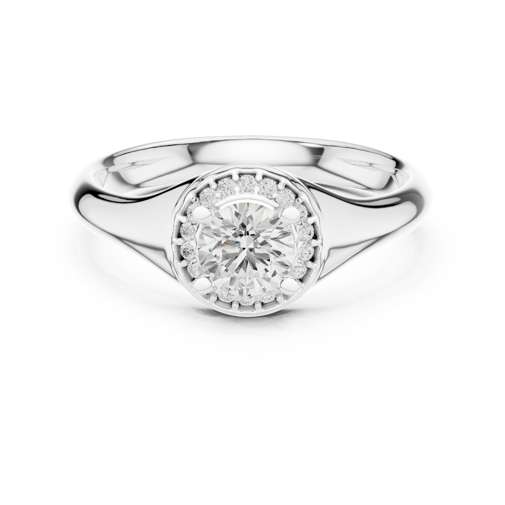 Halo solitaire engagement ring with pave set surround and plain polished band