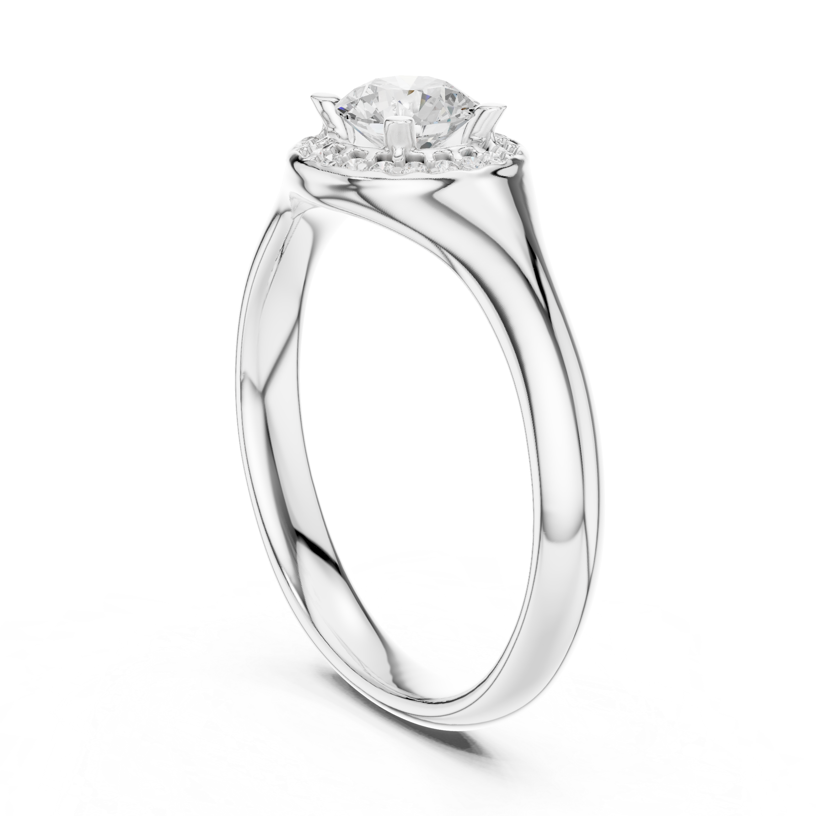 Halo solitaire engagement ring with pave set surround and plain polished band
