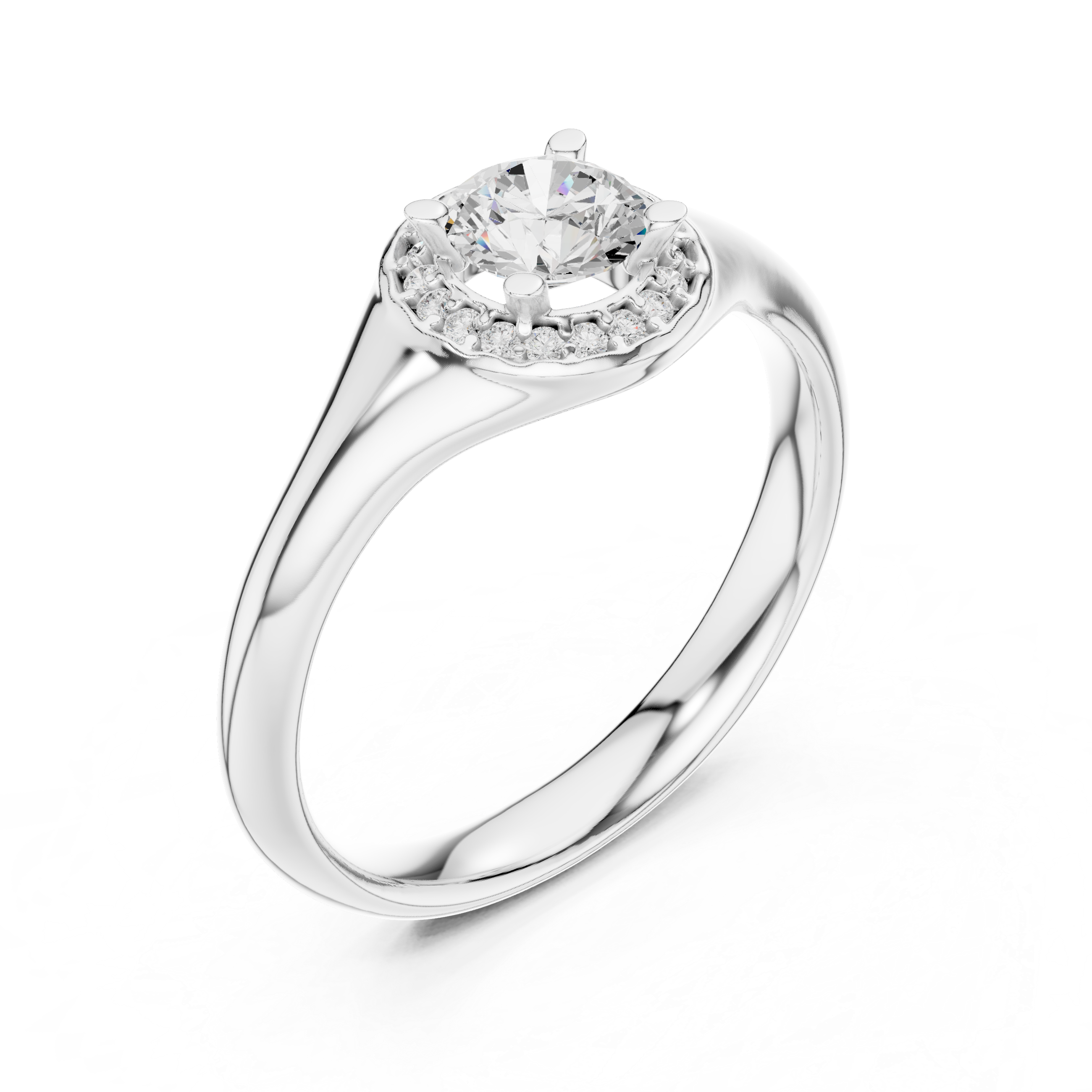 Halo solitaire engagement ring with pave set surround and plain polished band