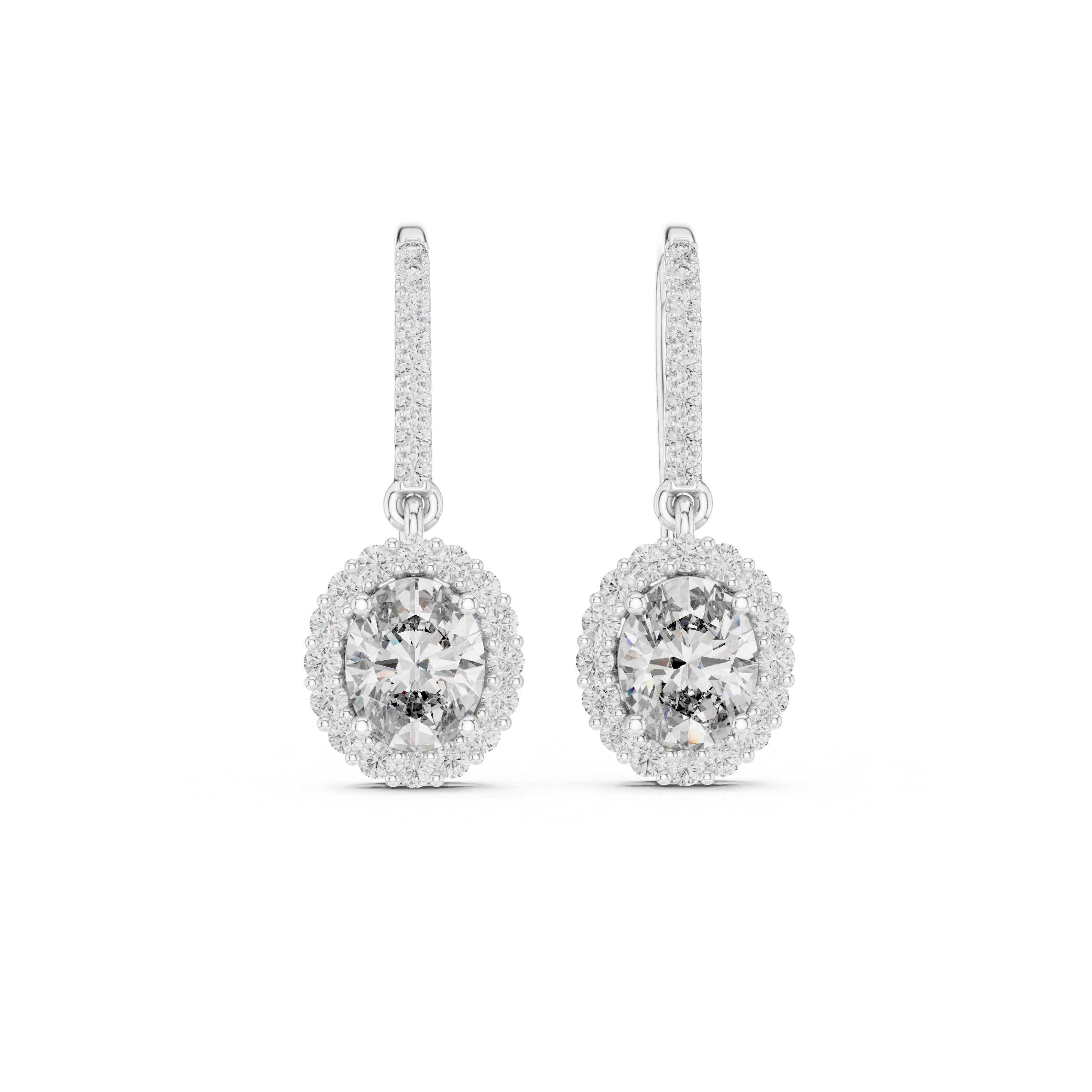 Halo solitaire hook drop earrings with pave set stone detailing