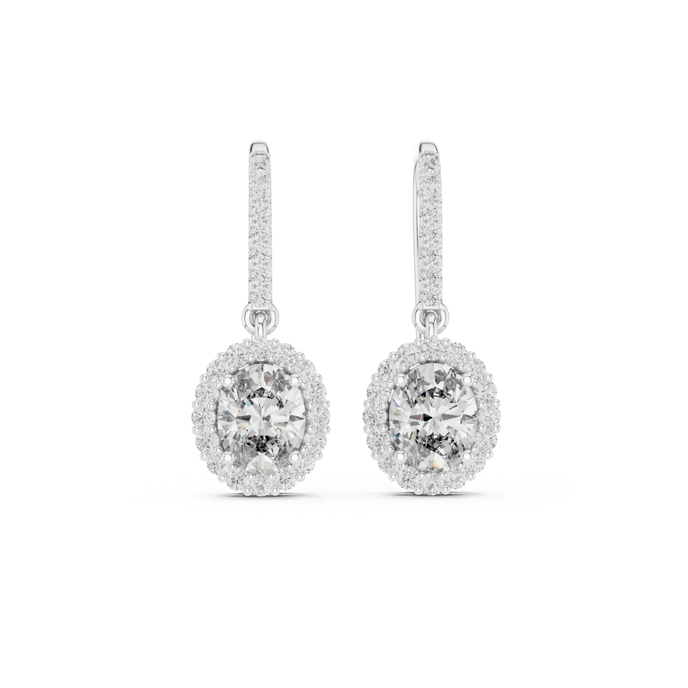 Halo solitaire hook drop earrings with pave set stone detailing