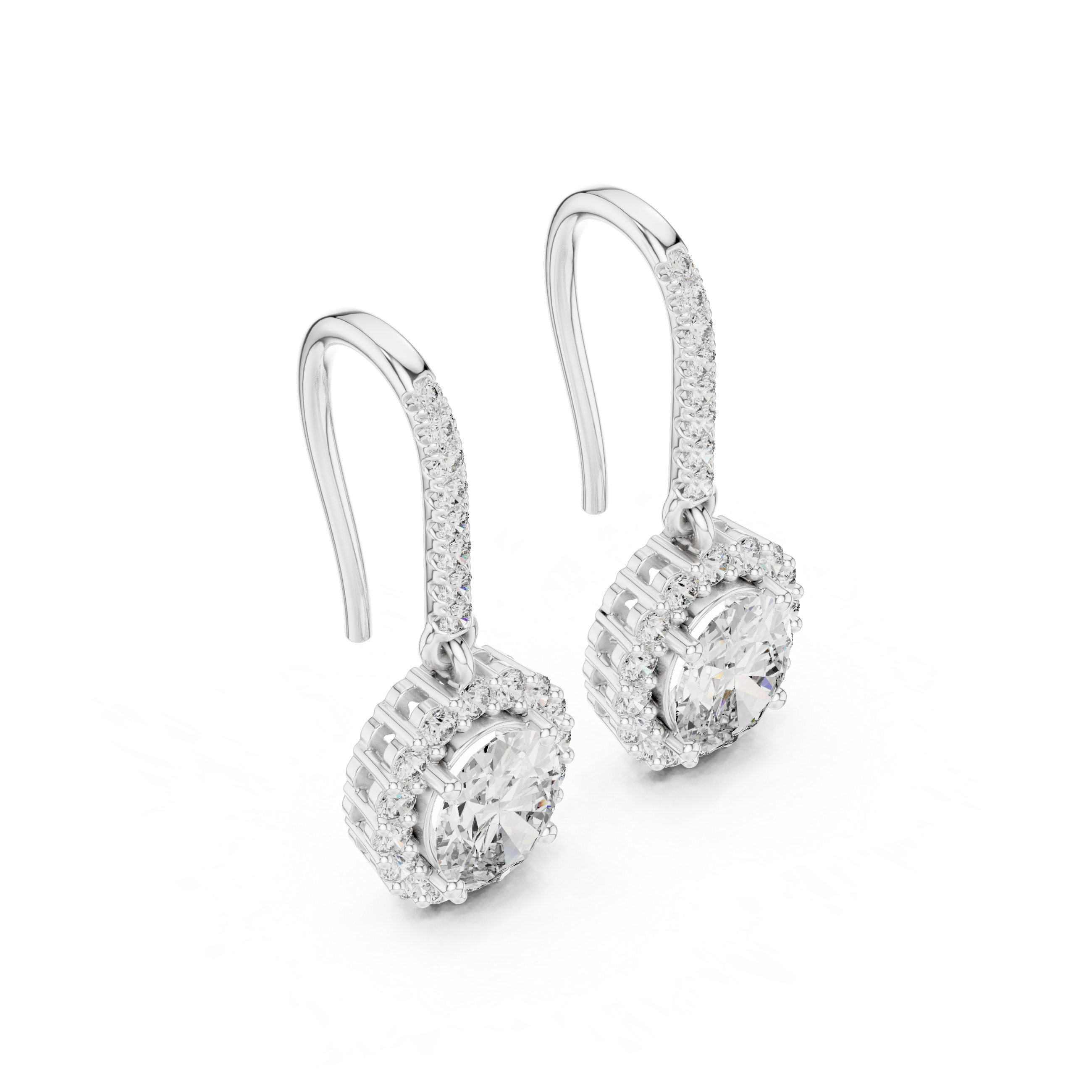 Halo solitaire hook drop earrings with pave set stone detailing