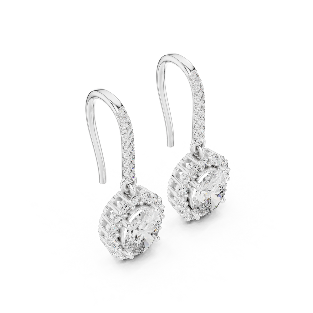 Halo solitaire hook drop earrings with pave set stone detailing