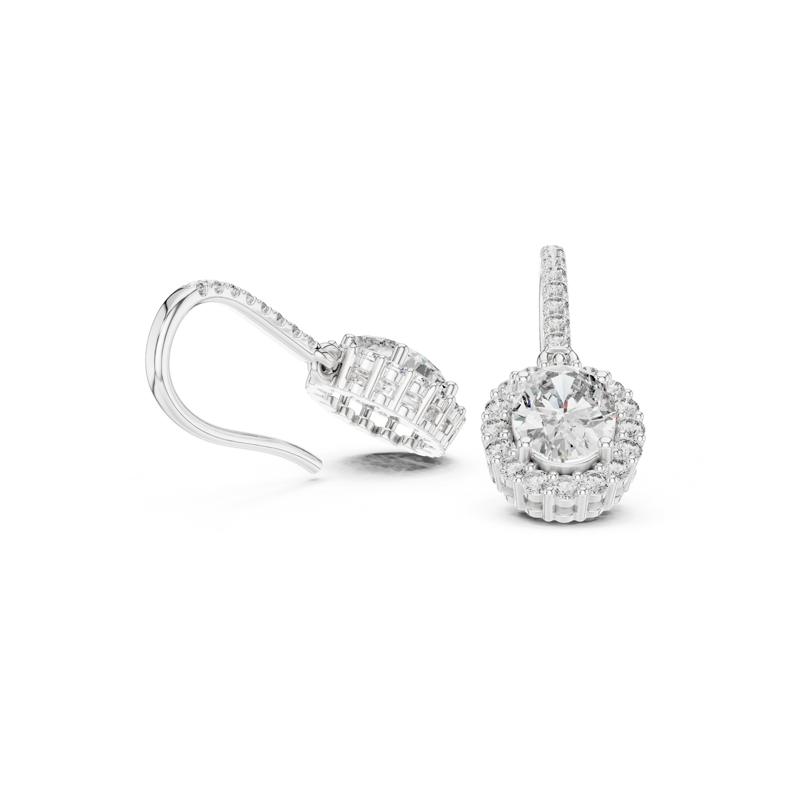 Halo solitaire hook drop earrings with pave set stone detailing