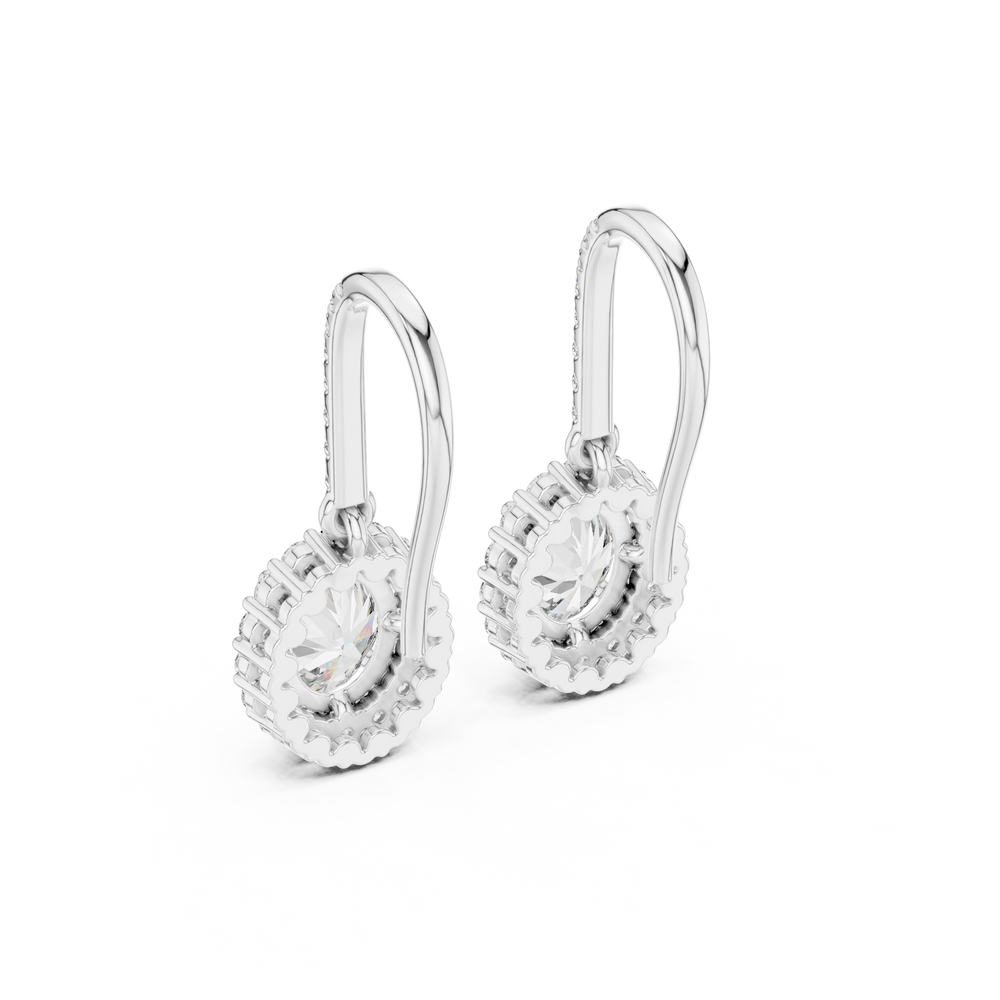 Halo solitaire hook drop earrings with pave set stone detailing