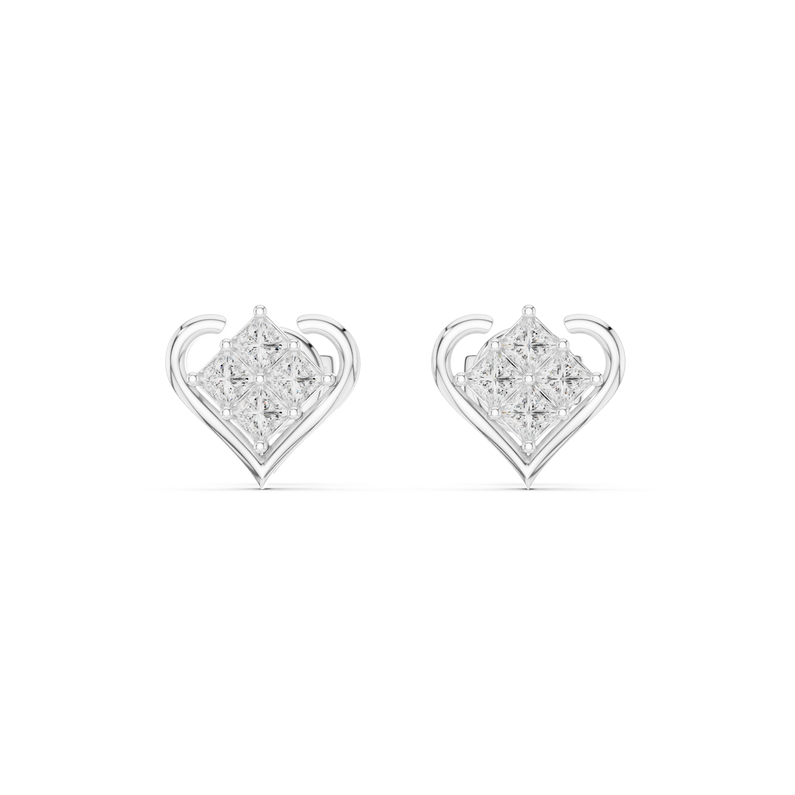 Four princess cut stones in a rhombus cluster within an open polished heart frame stud earring