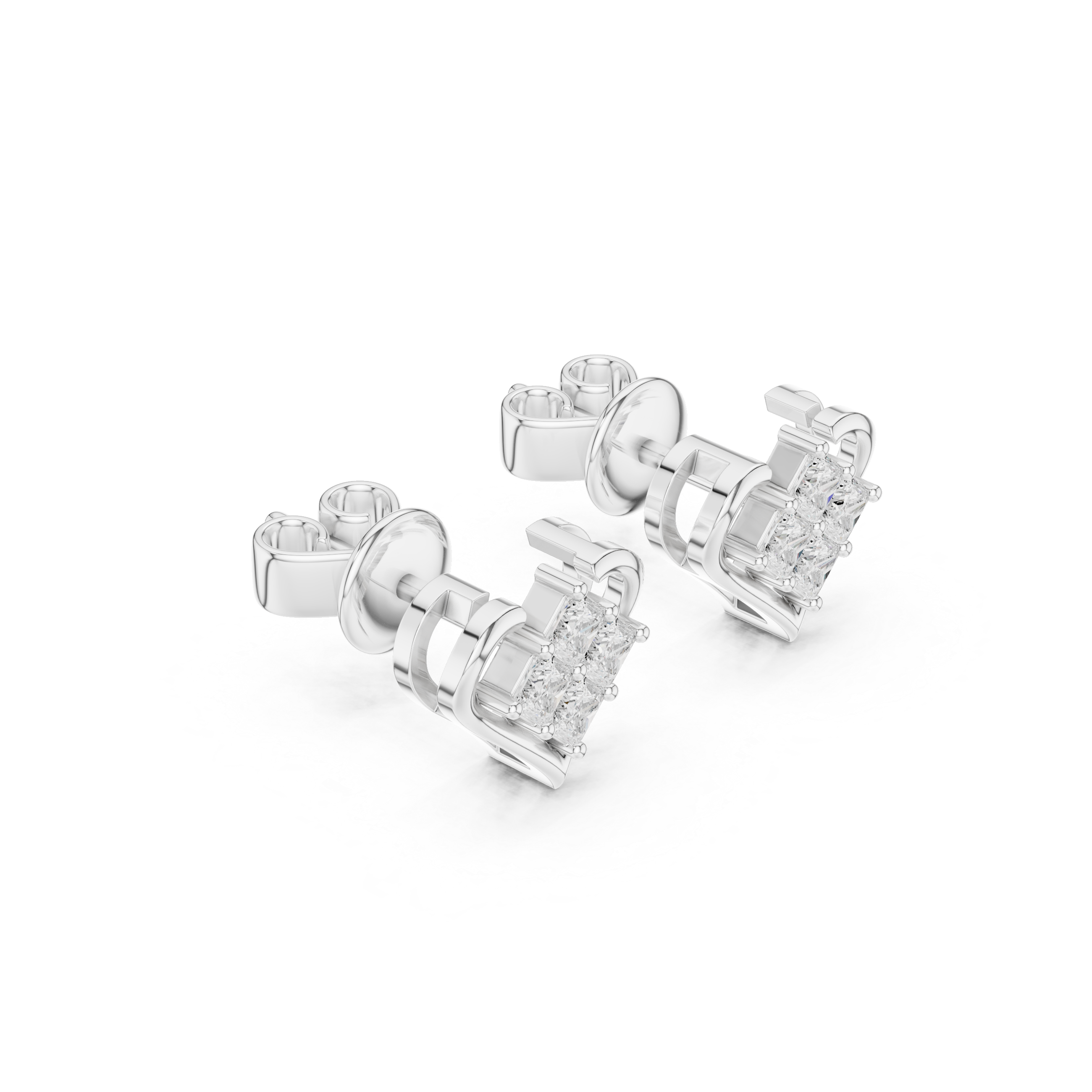 Four princess cut stones in a rhombus cluster within an open polished heart frame stud earring