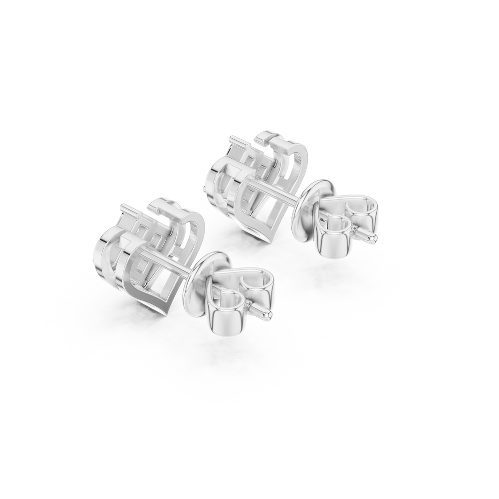 Four princess cut stones in a rhombus cluster within an open polished heart frame stud earring
