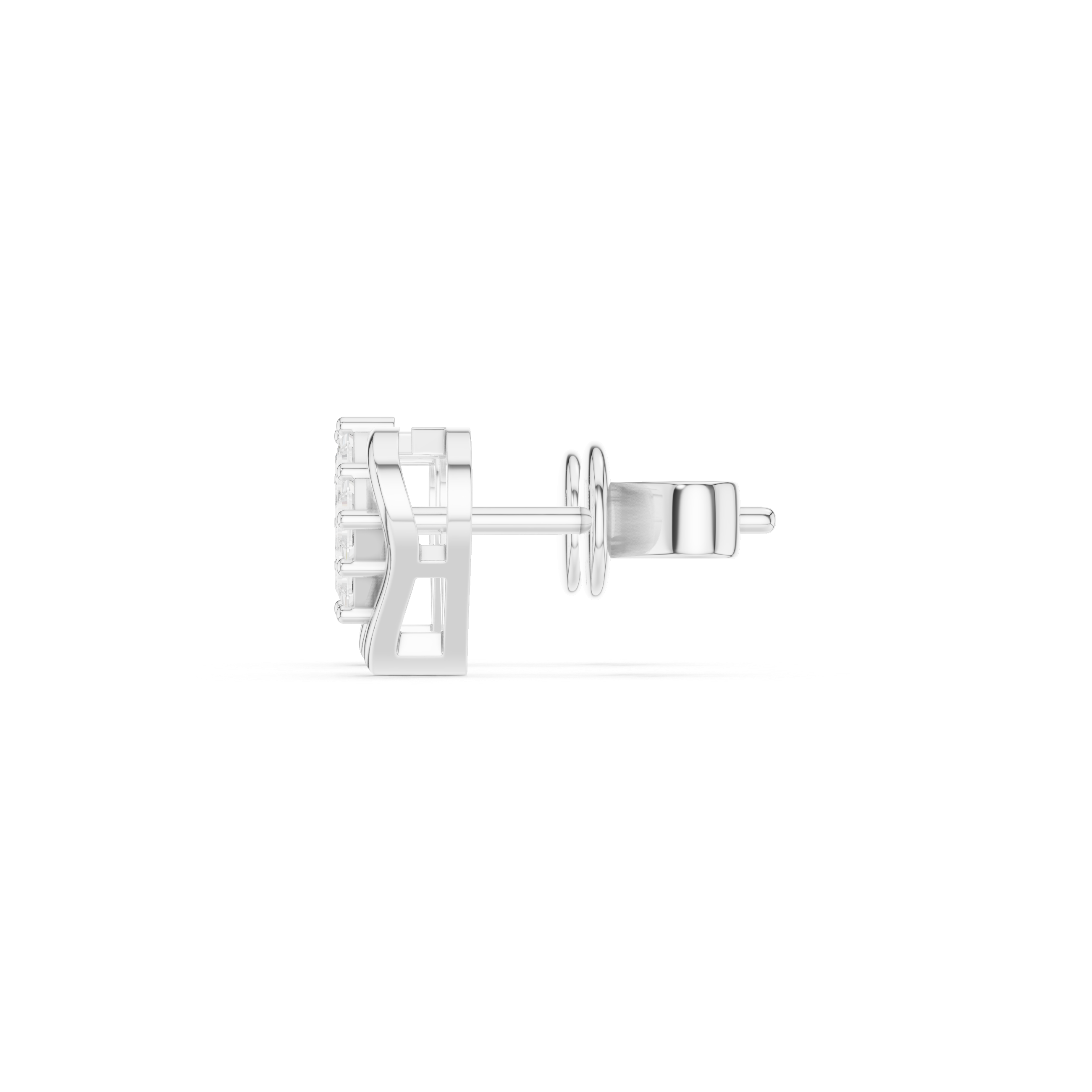 Four princess cut stones in a rhombus cluster within an open polished heart frame stud earring
