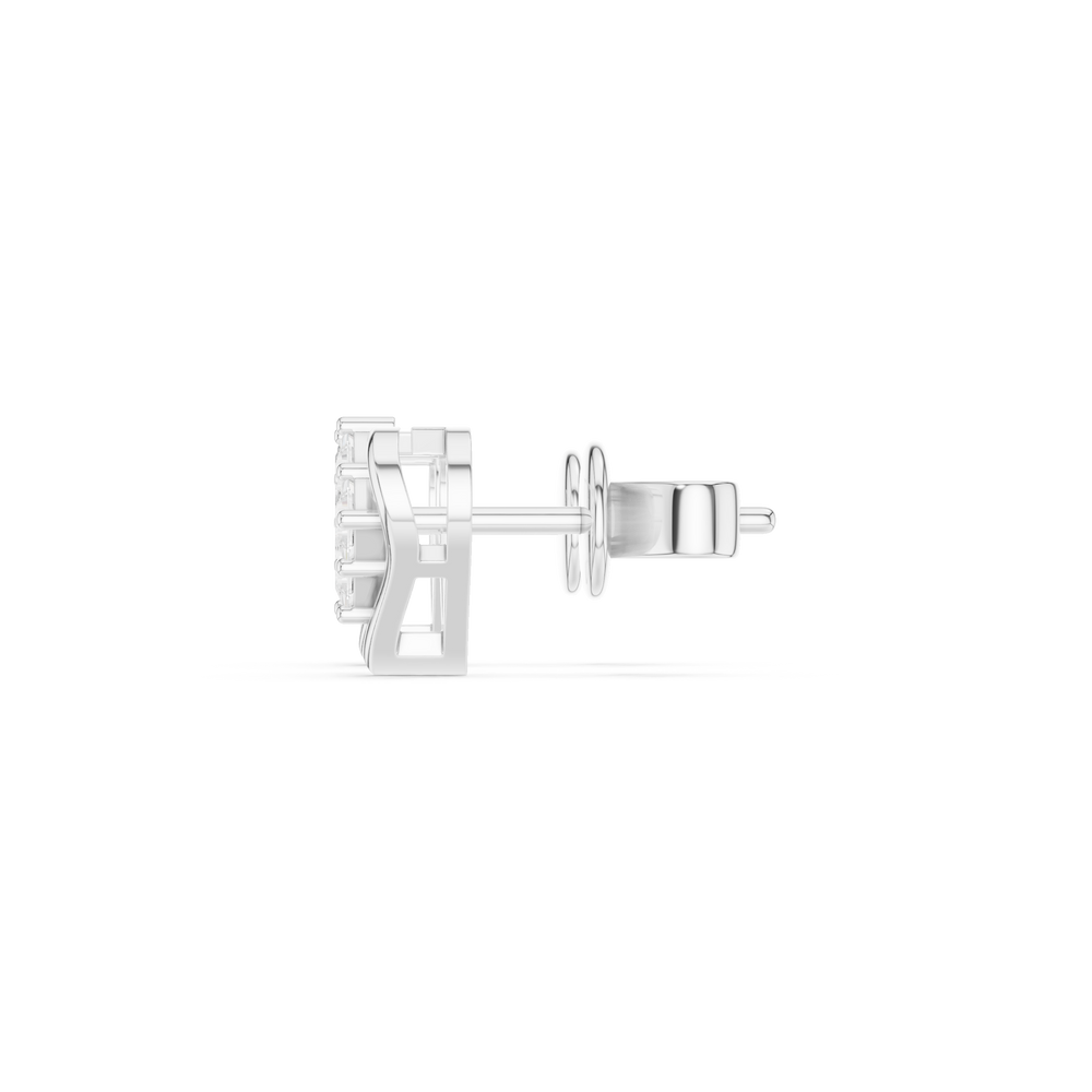 Four princess cut stones in a rhombus cluster within an open polished heart frame stud earring