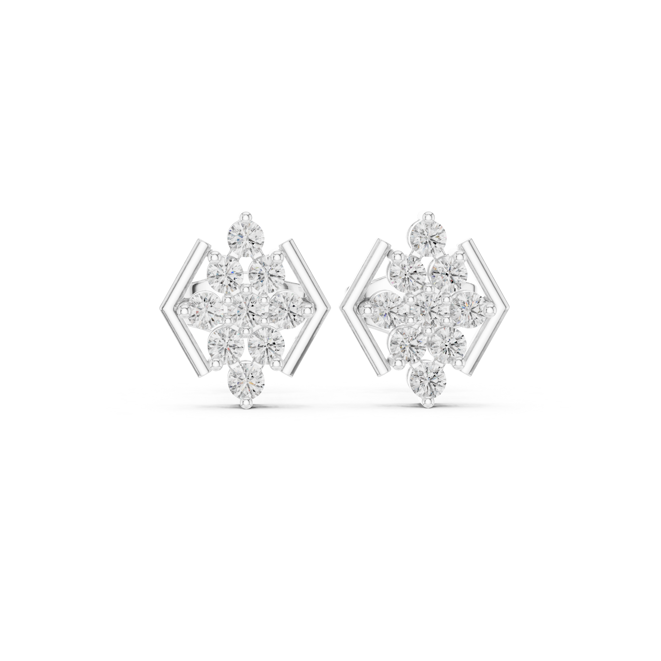 Round brilliant cluster stud earrings with polished angular hexagon side bars framing the cluster