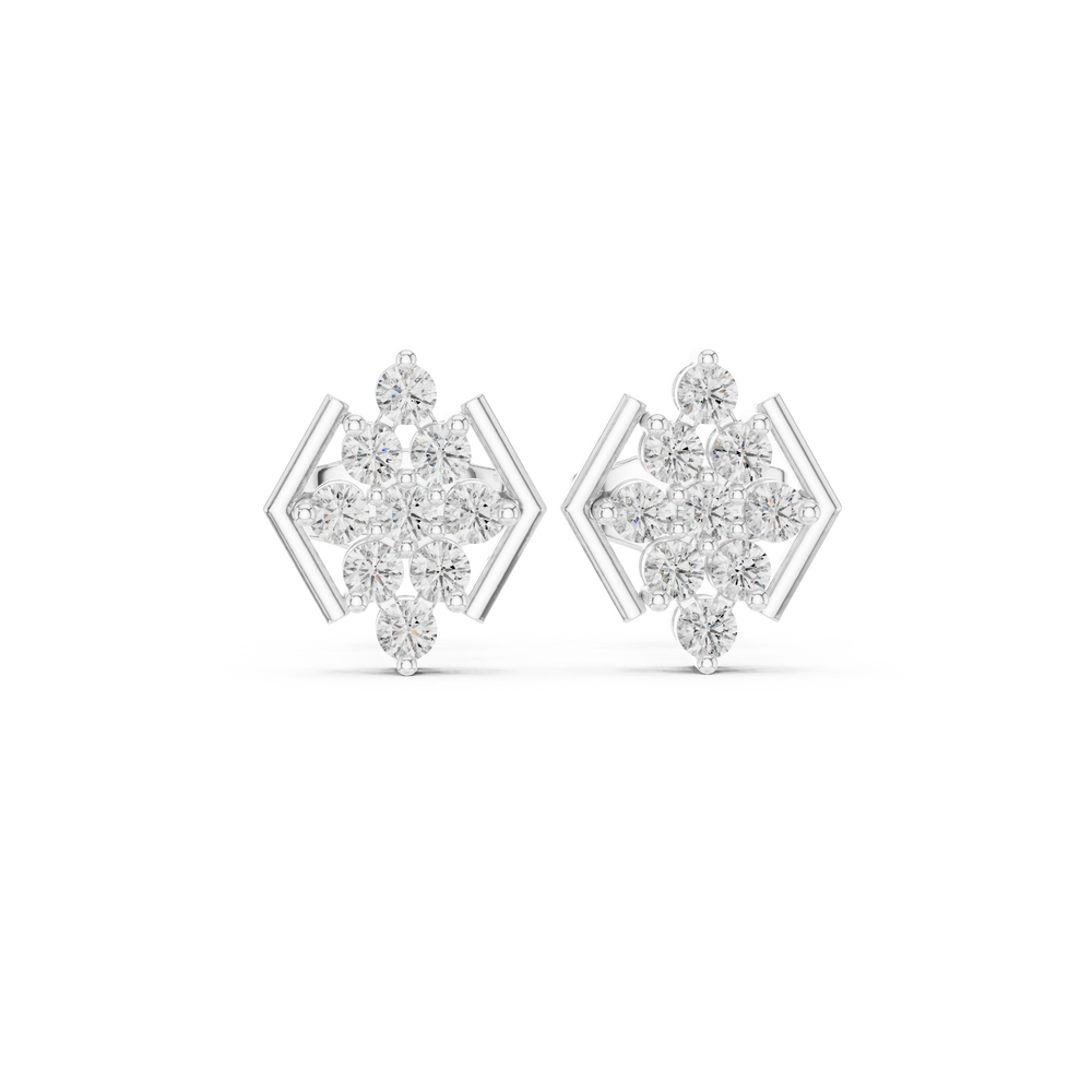 Round brilliant cluster stud earrings with polished angular hexagon side bars framing the cluster