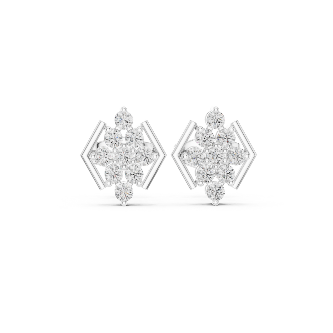 Round brilliant cluster stud earrings with polished angular hexagon side bars framing the cluster