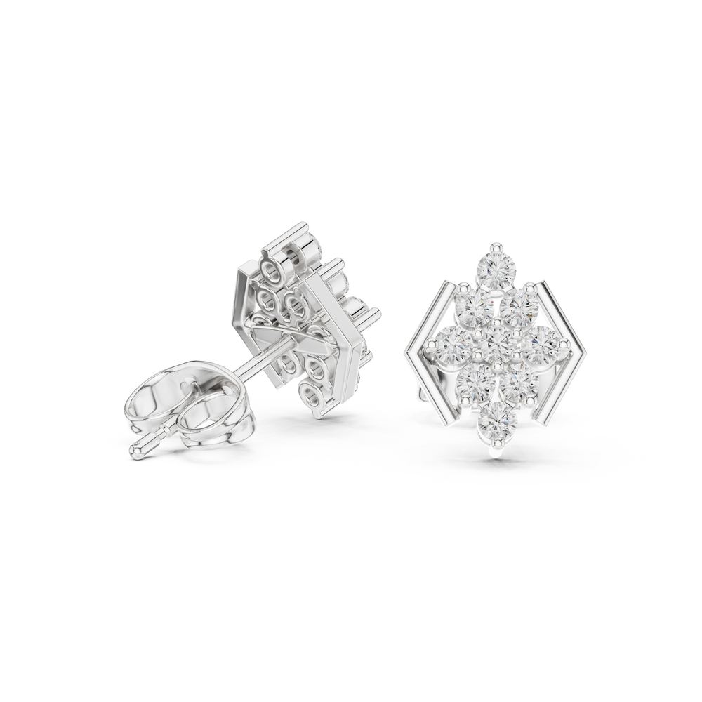 Round brilliant cluster stud earrings with polished angular hexagon side bars framing the cluster