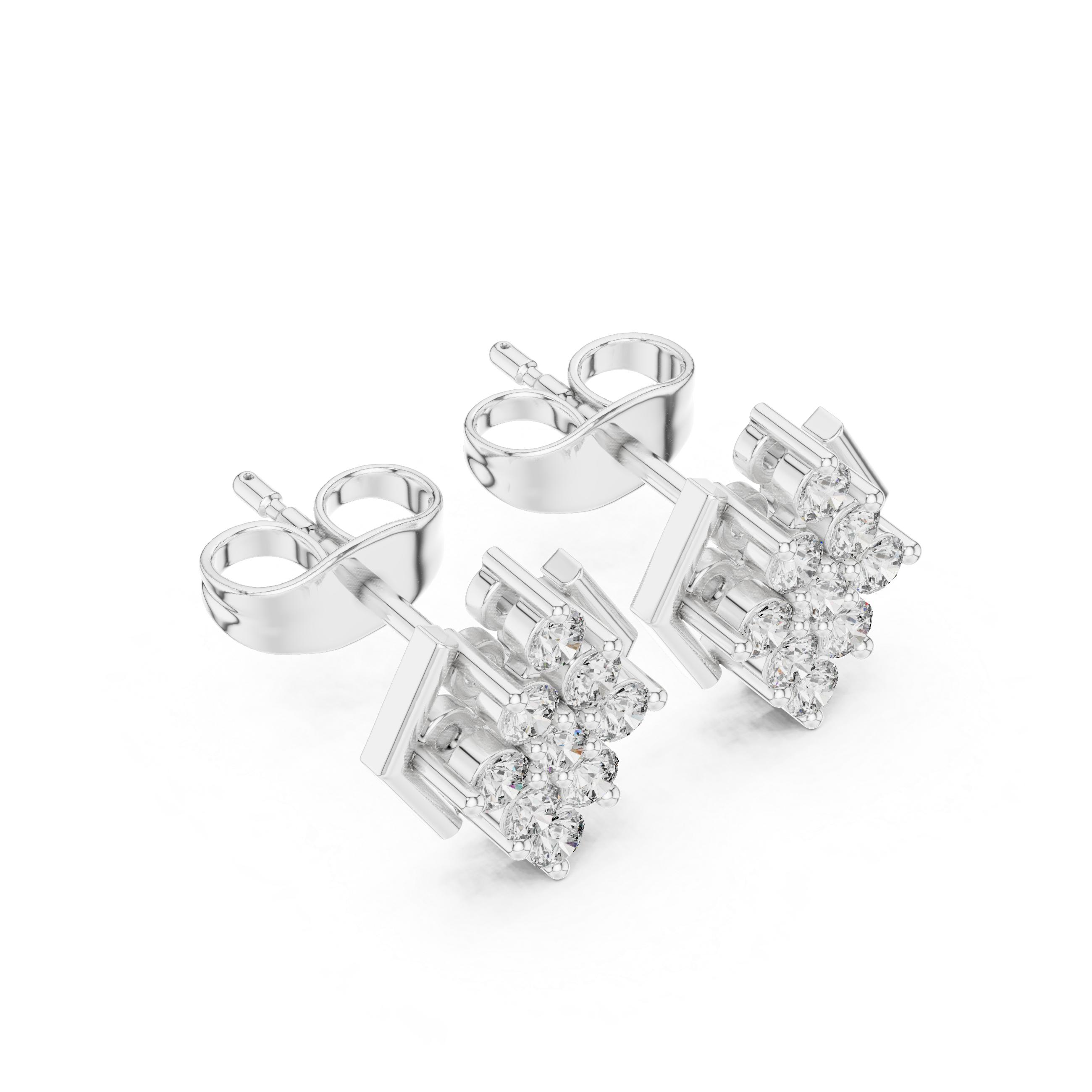 Round brilliant cluster stud earrings with polished angular hexagon side bars framing the cluster