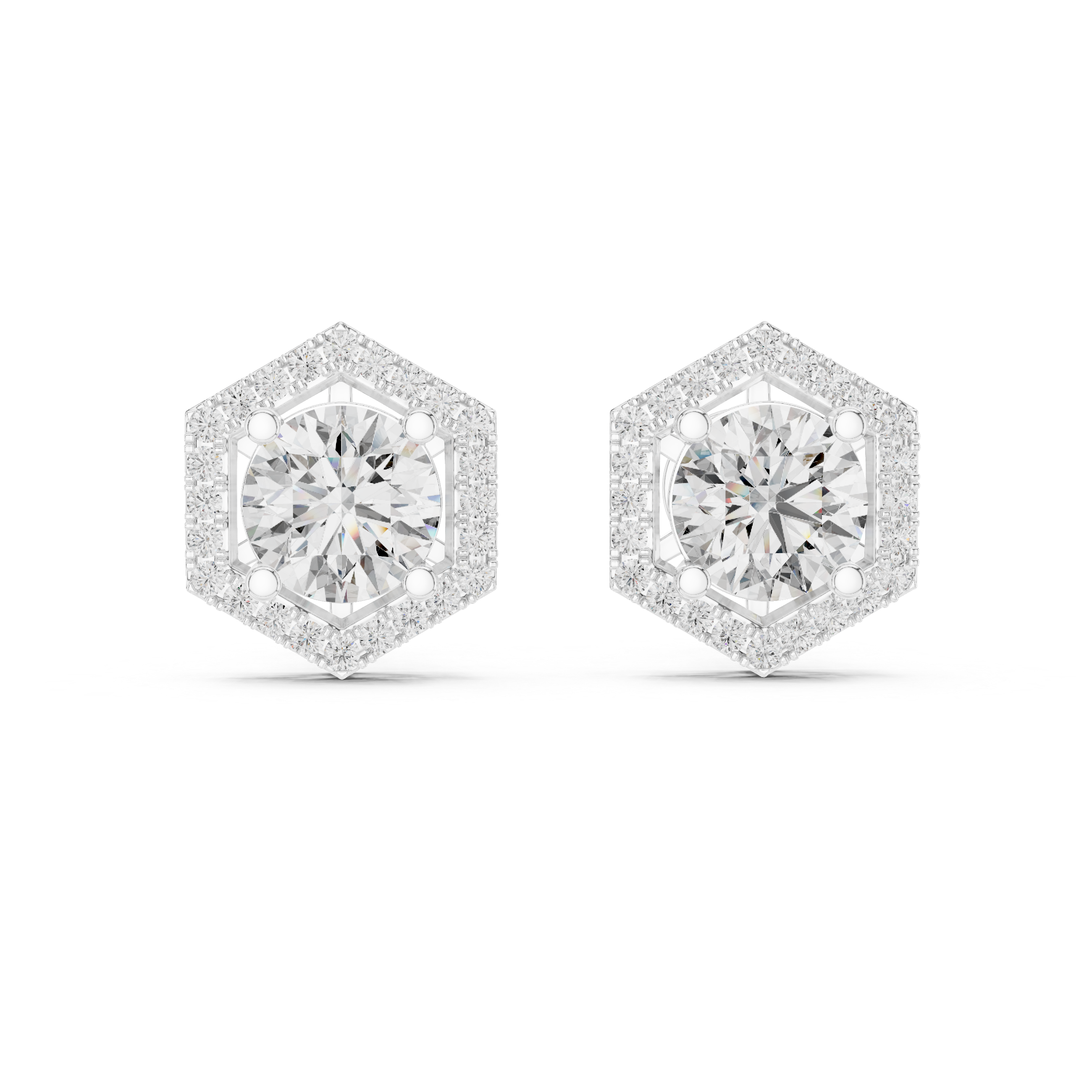 Prong-set round brilliant solitaire stud earrings with a stone-set hexagonal halo border