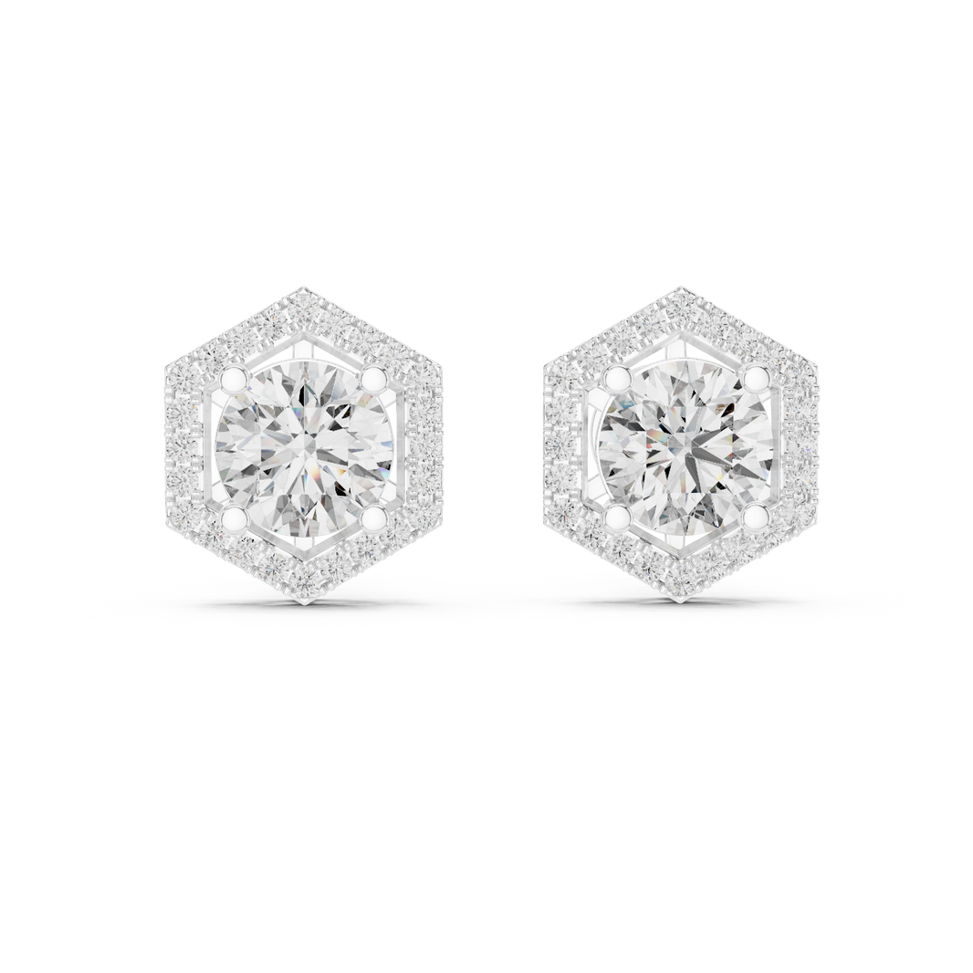 Prong-set round brilliant solitaire stud earrings with a stone-set hexagonal halo border