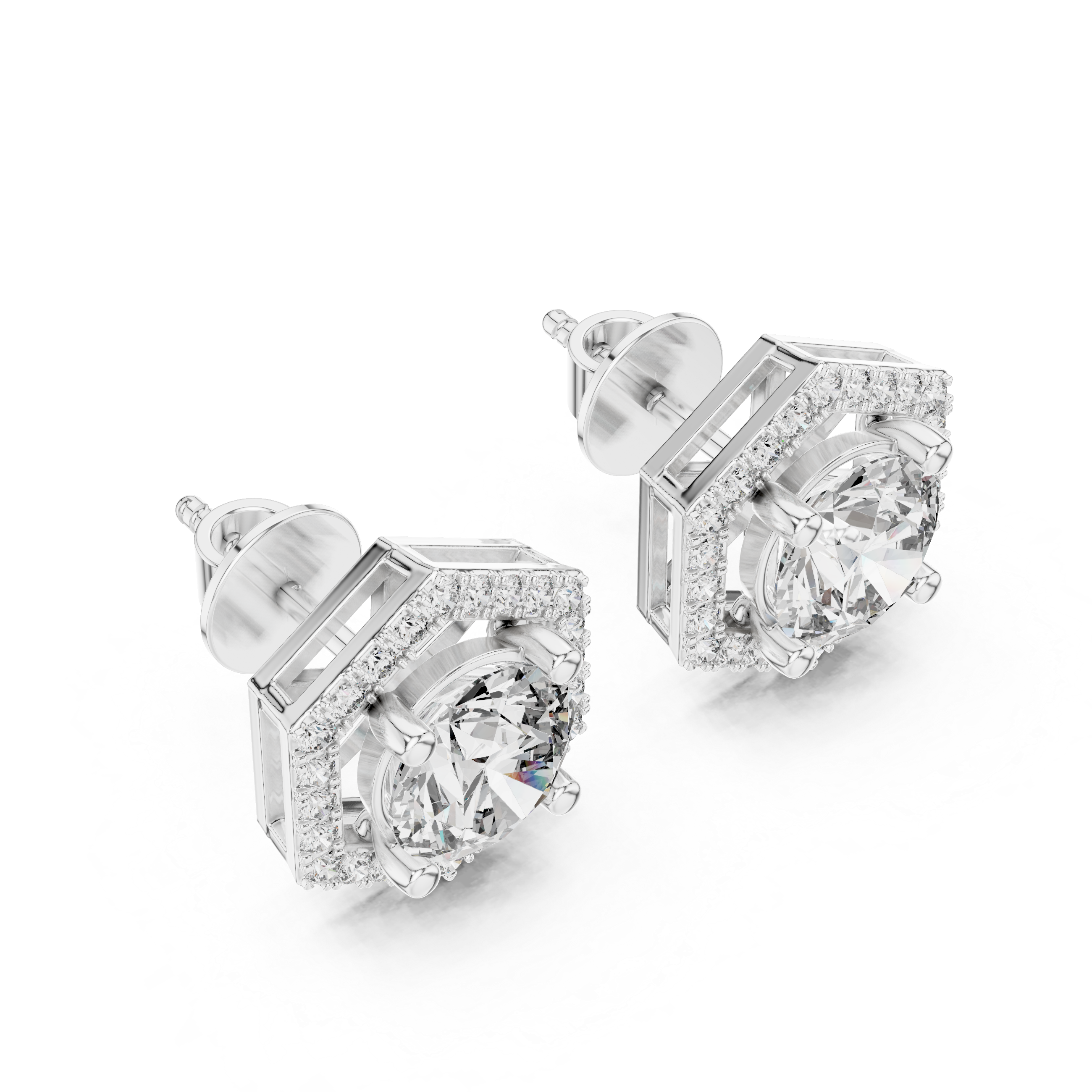 Prong-set round brilliant solitaire stud earrings with a stone-set hexagonal halo border