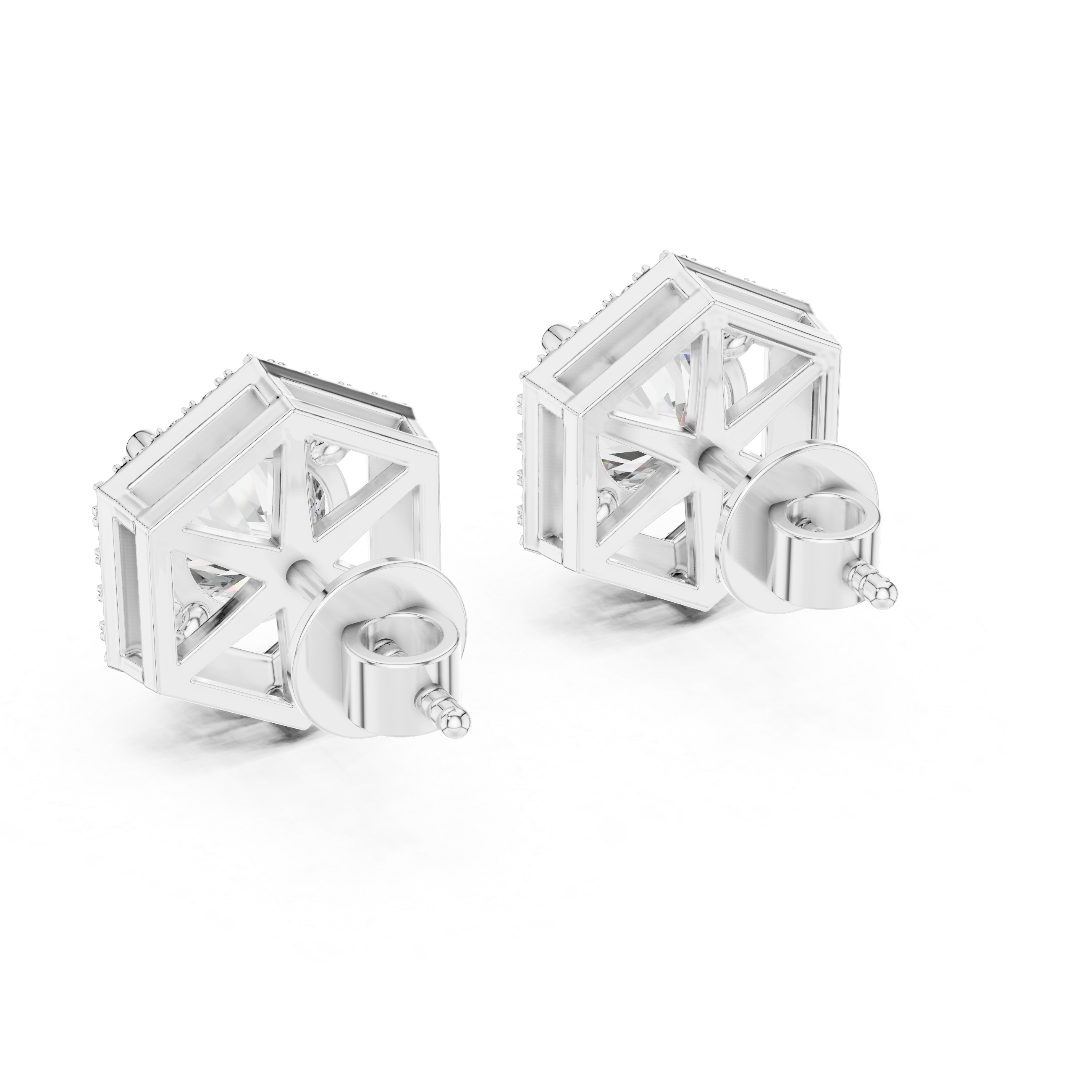 Prong-set round brilliant solitaire stud earrings with a stone-set hexagonal halo border