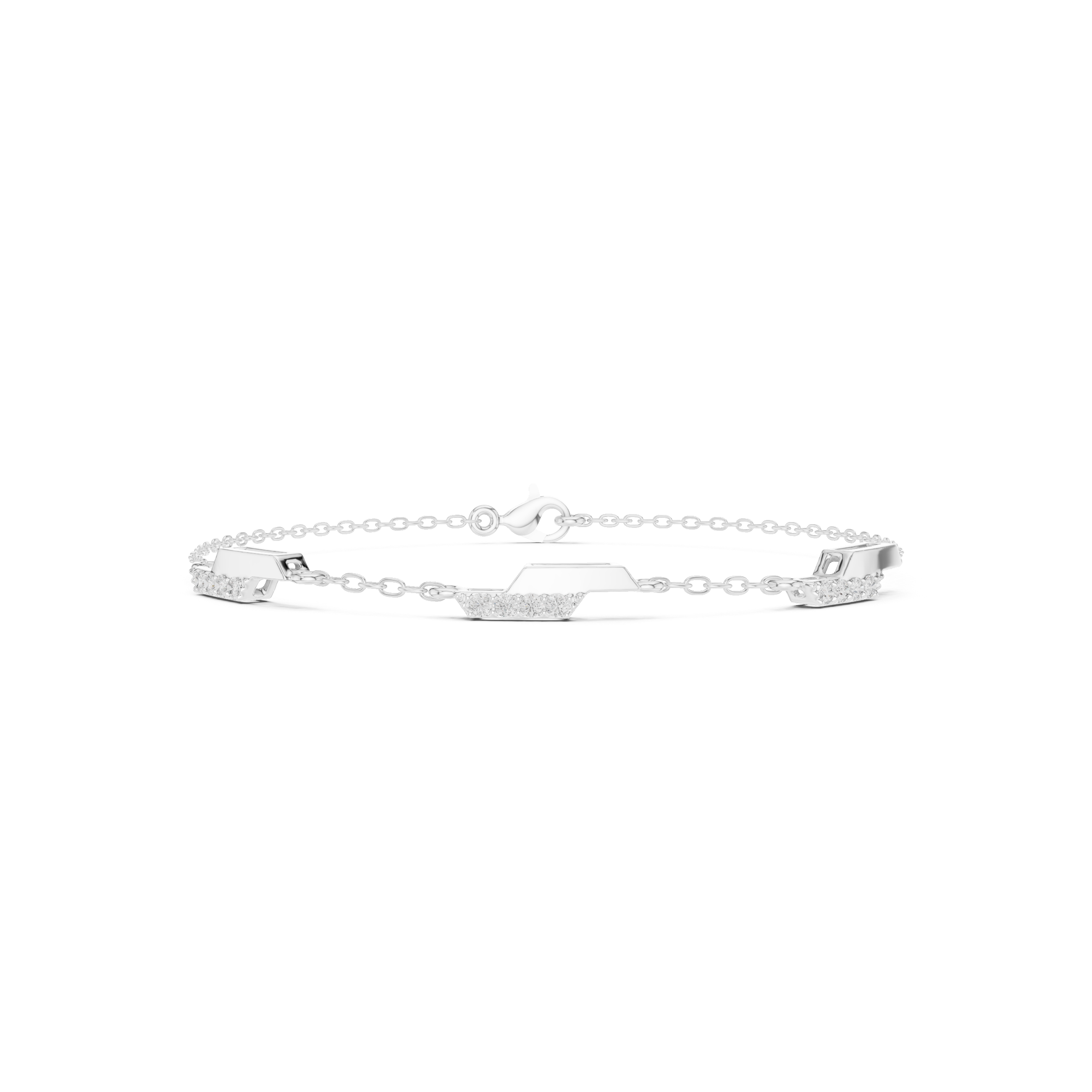 Hexagon station chain bracelet with baguette and pave set stone detailing