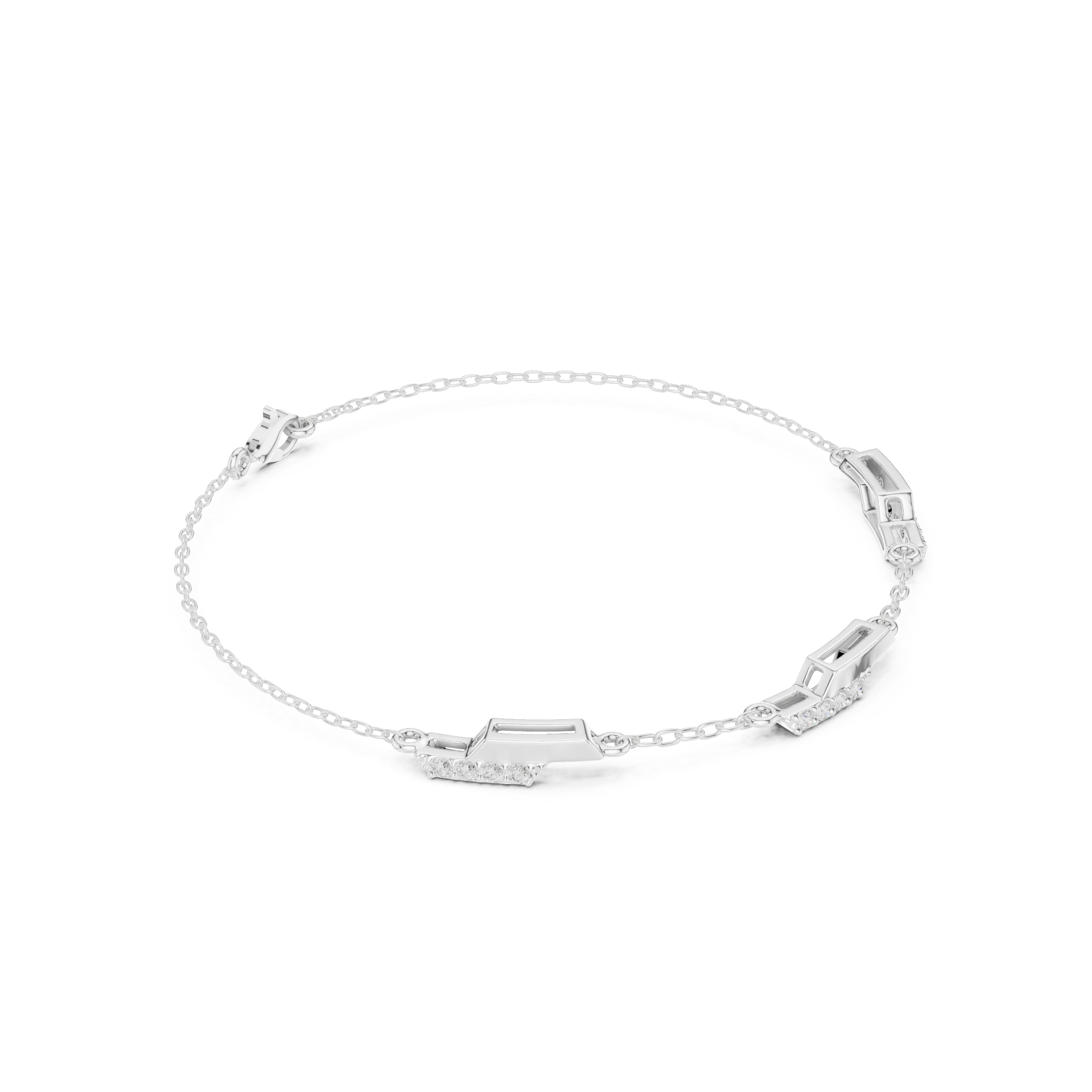 Hexagon station chain bracelet with baguette and pave set stone detailing