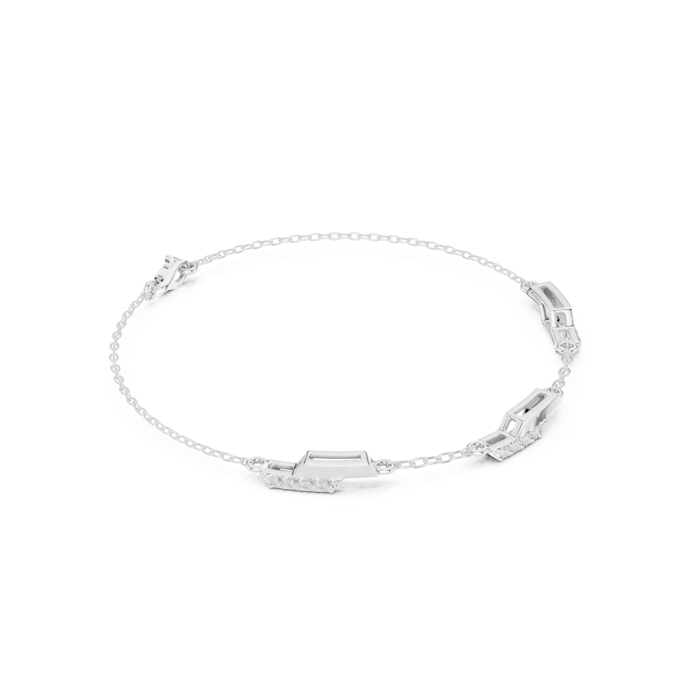 Hexagon station chain bracelet with baguette and pave set stone detailing