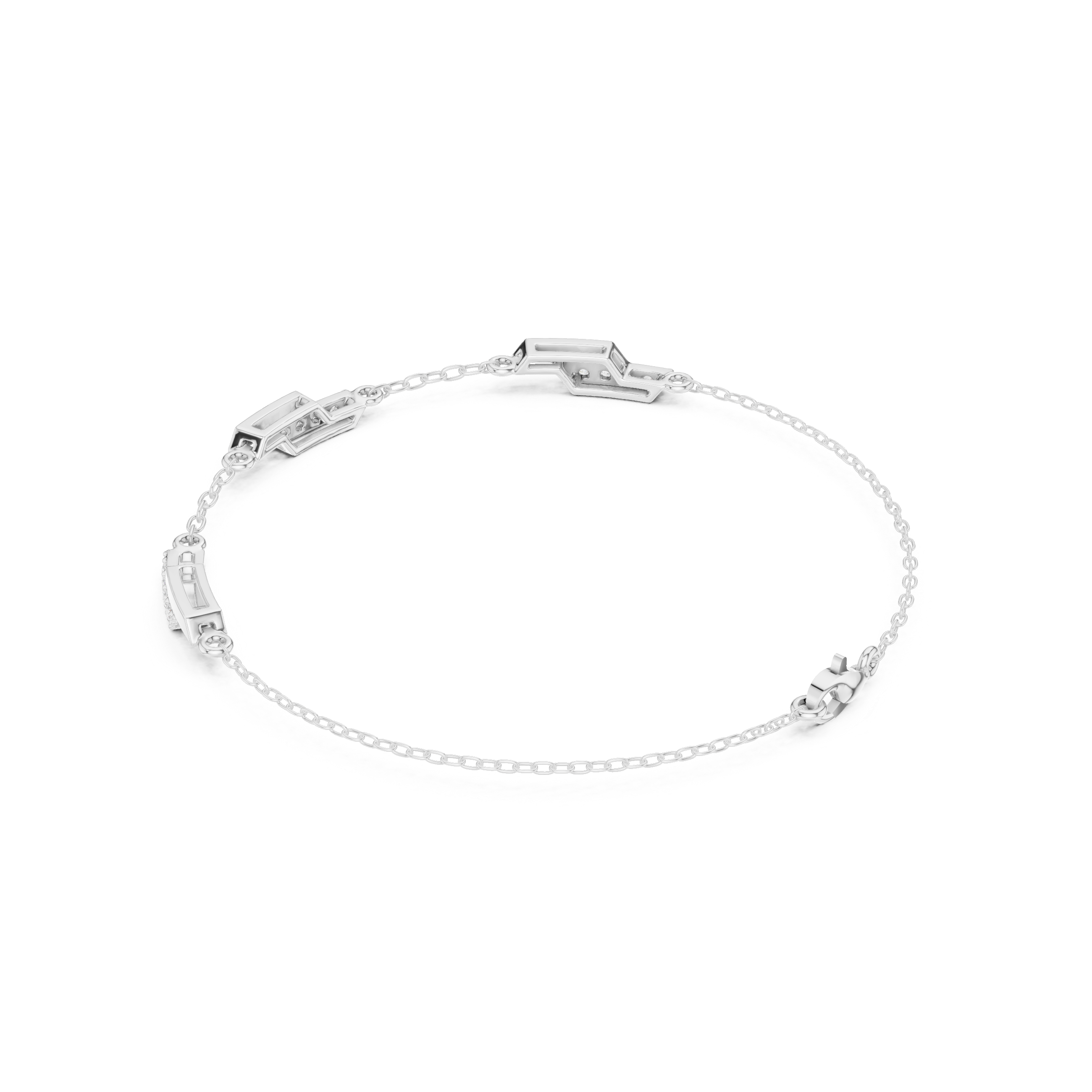 Hexagon station chain bracelet with baguette and pave set stone detailing