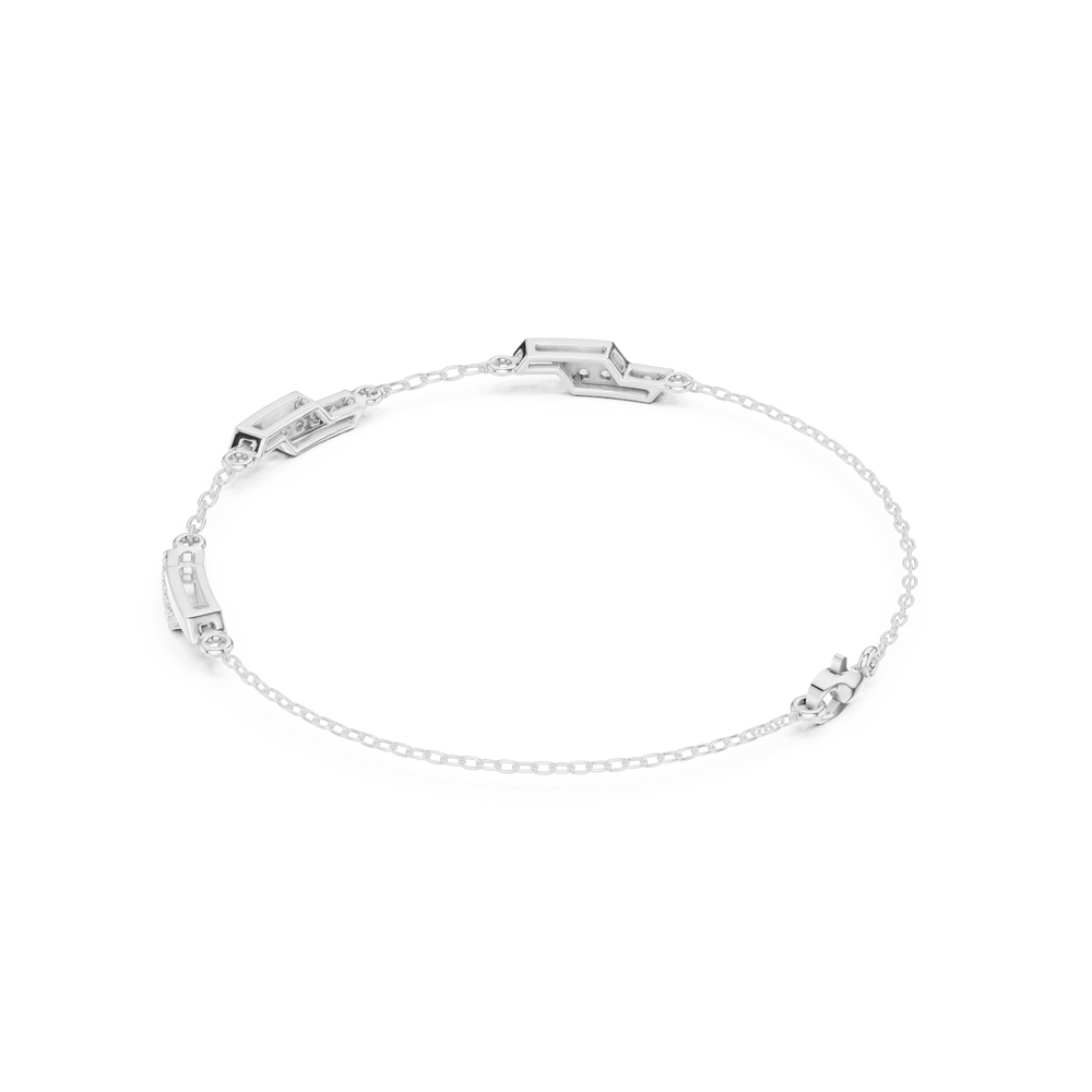 Hexagon station chain bracelet with baguette and pave set stone detailing