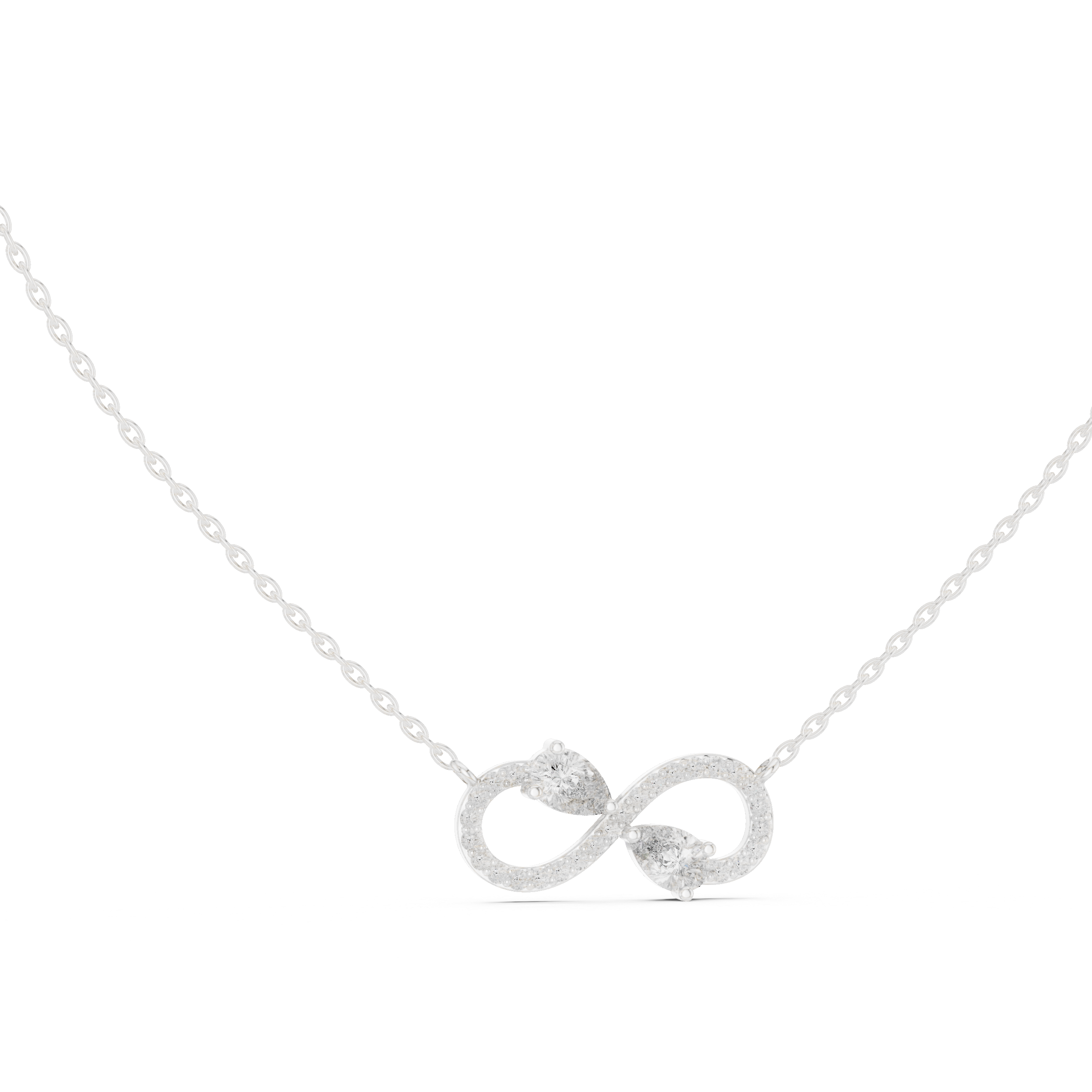 Infinity symbol pave diamond pendant necklace with dual pear cut stone accent